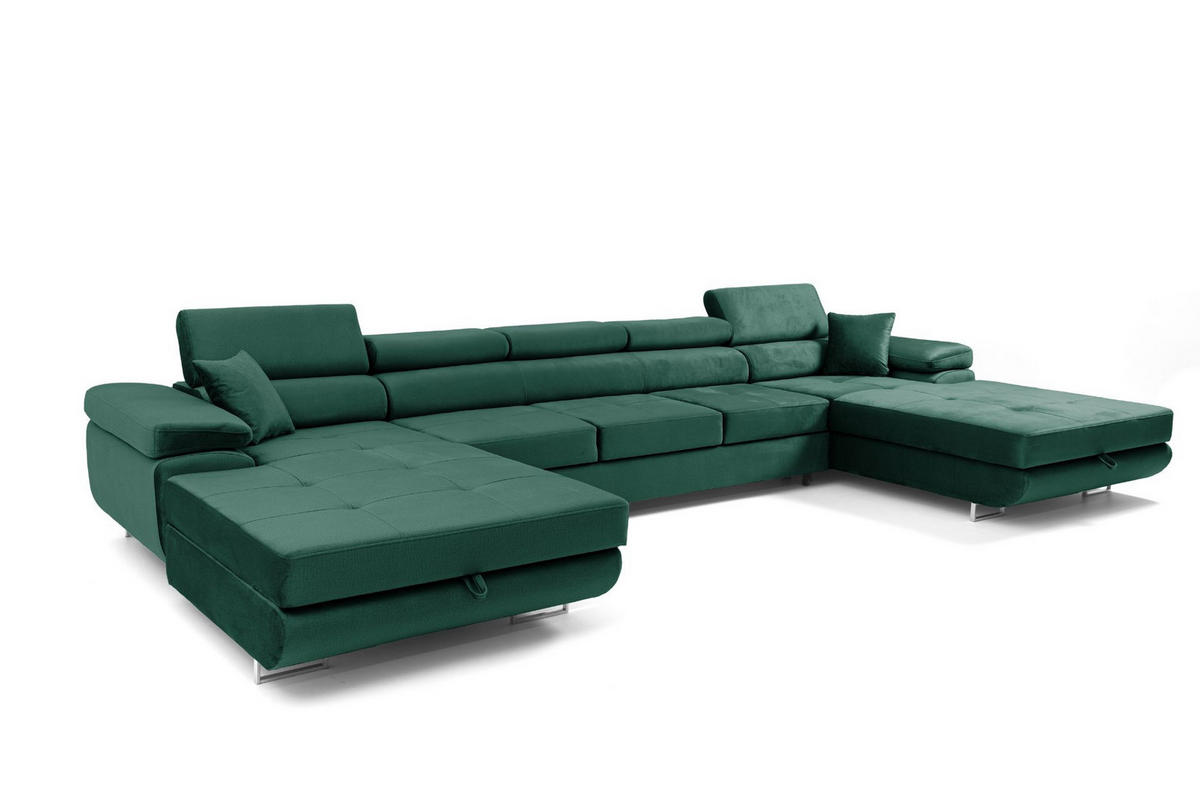 ECKSOFA U-Form ALONZO MAXI U mit Schlaffunktion 125x318 Velours Grün - Silberfarben/Grün, Holz/Textil (400/90/203cm) - Muffo
