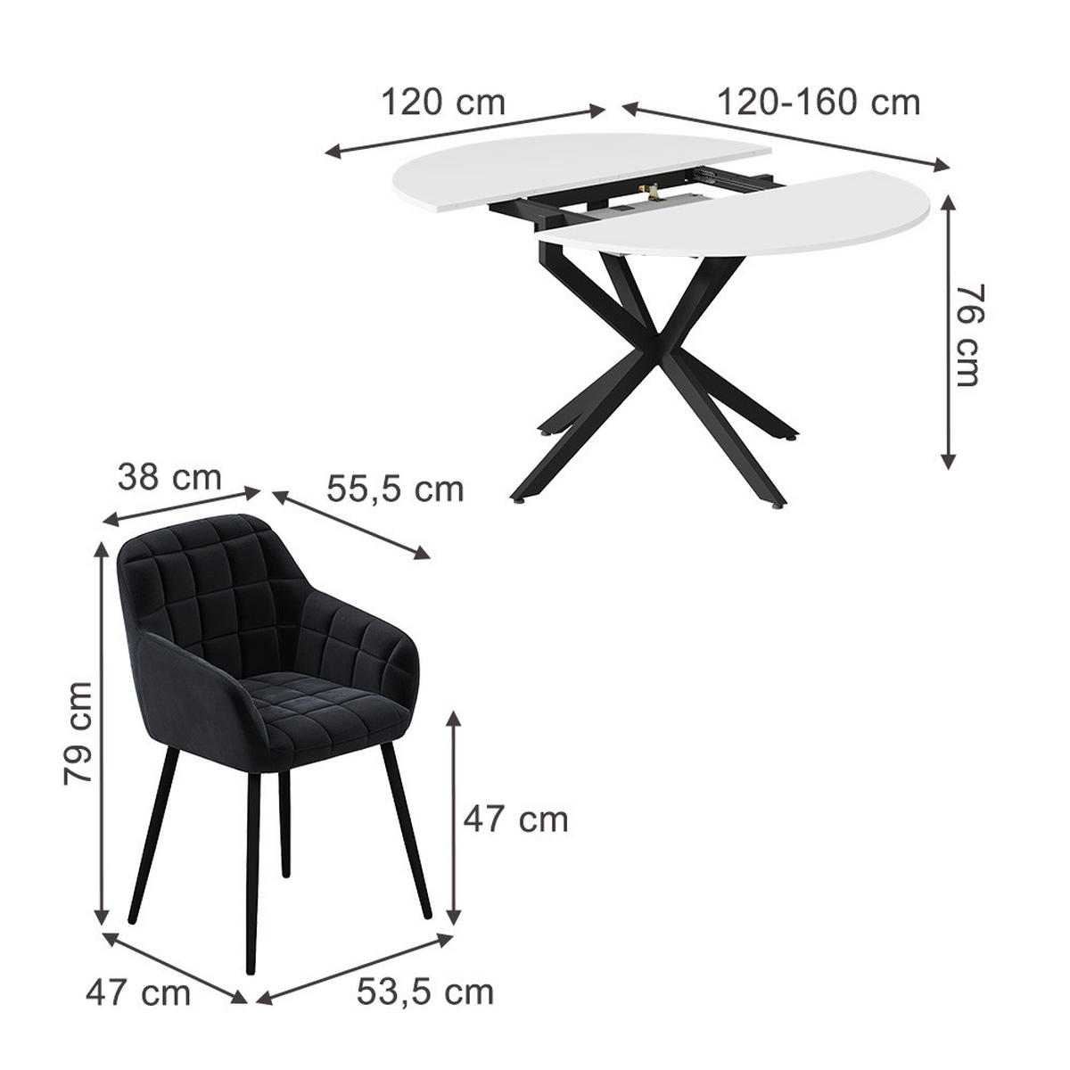 SÚPRAVA JEDÁLENSKÉHO STOLA Loyd, biely/čierna, 120 x 120 cm so 4 jedálenskými stoličkami (čierne) - čierna/biela, kompozitné drevo (120/76.5/120cm) - Vicco