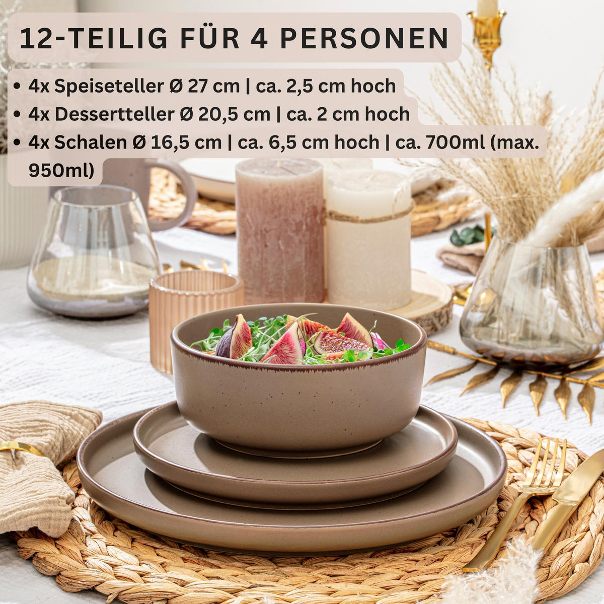 TAFELSERVICE BOMBAY OAK - 12 teilig aus Steingut - Braun, Stein (27/6.5/27cm) - Sänger