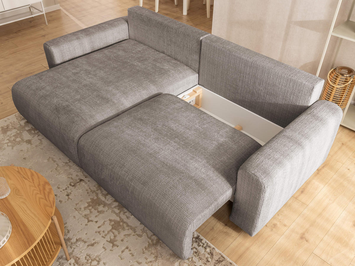 ECKSOFA Calma mit Schlaffunktion und Bettkasten im Bumpy-Design aus weichem Taupe Chenille-Stoff - Ottomane links - Taupe/Beige, Holz/Kunststoff (140/239cm) - S-Style Möbel