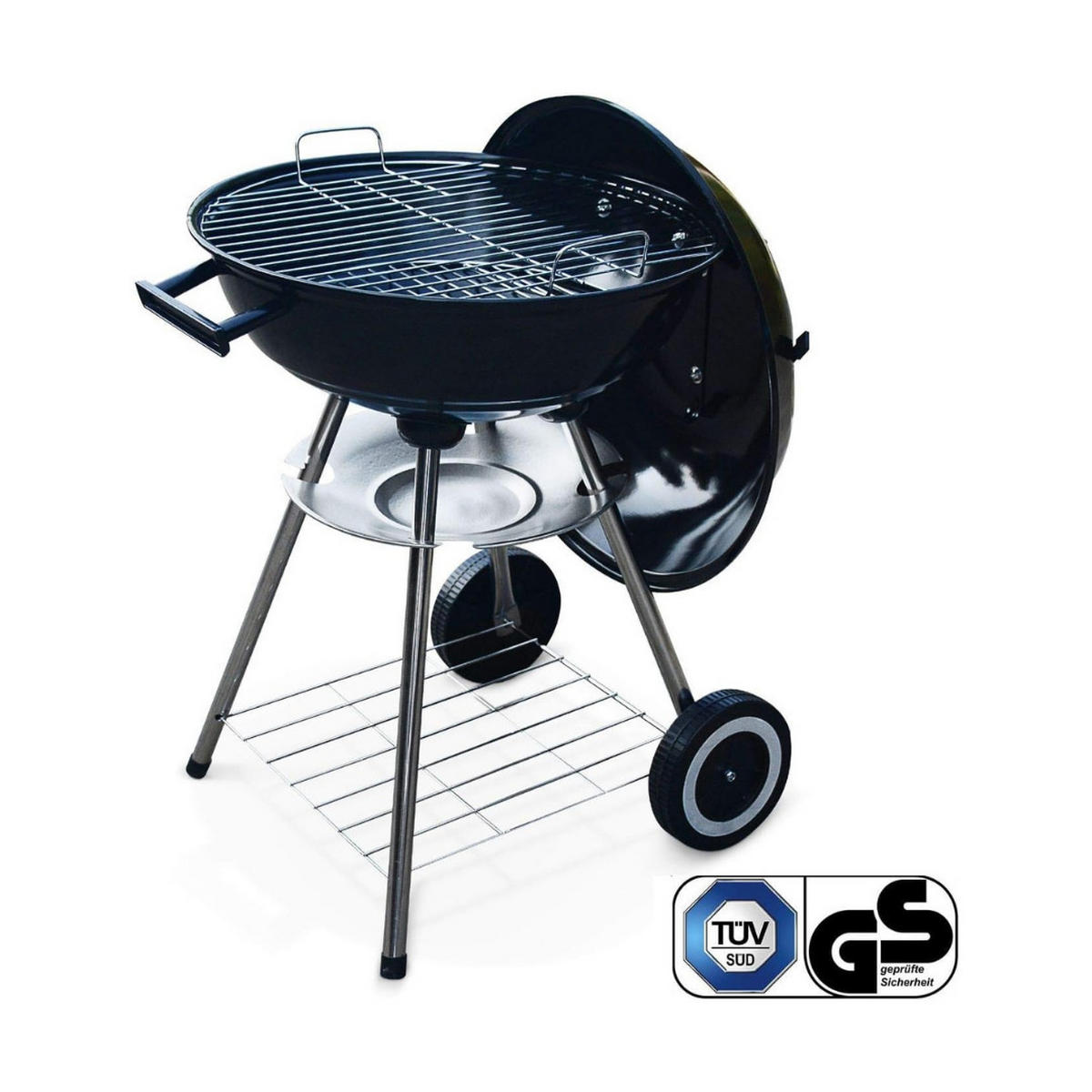 HOLZKOHLEGRILL 502595, 44 cm, Schwarz, Kugelgrill, mit Deckel, BBQ Grill, Outdoor, Garten, Rundgrill, Kohlegrill, Camping, Balkon, Grillwagen - Schwarz, Metall (44/75/44cm) - Resch