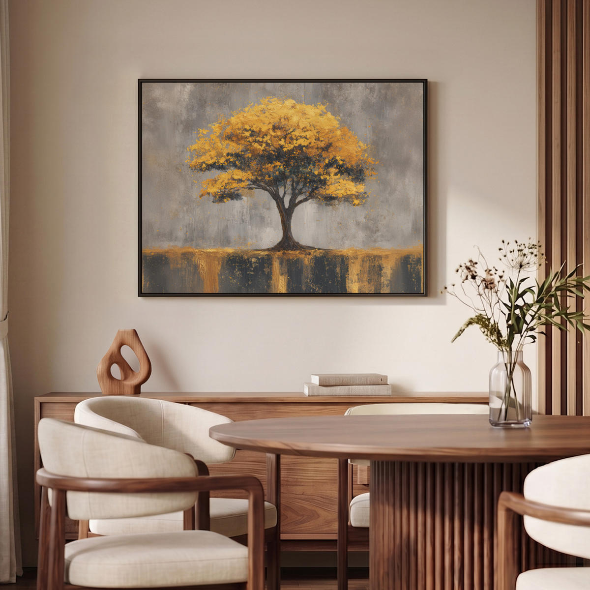 LEINWAND Bilder mit Rahmen - Baum - Blätter - Gold - Abstrakt - 100x70 - Grau, Textil (100/70cm) - MuchoWow