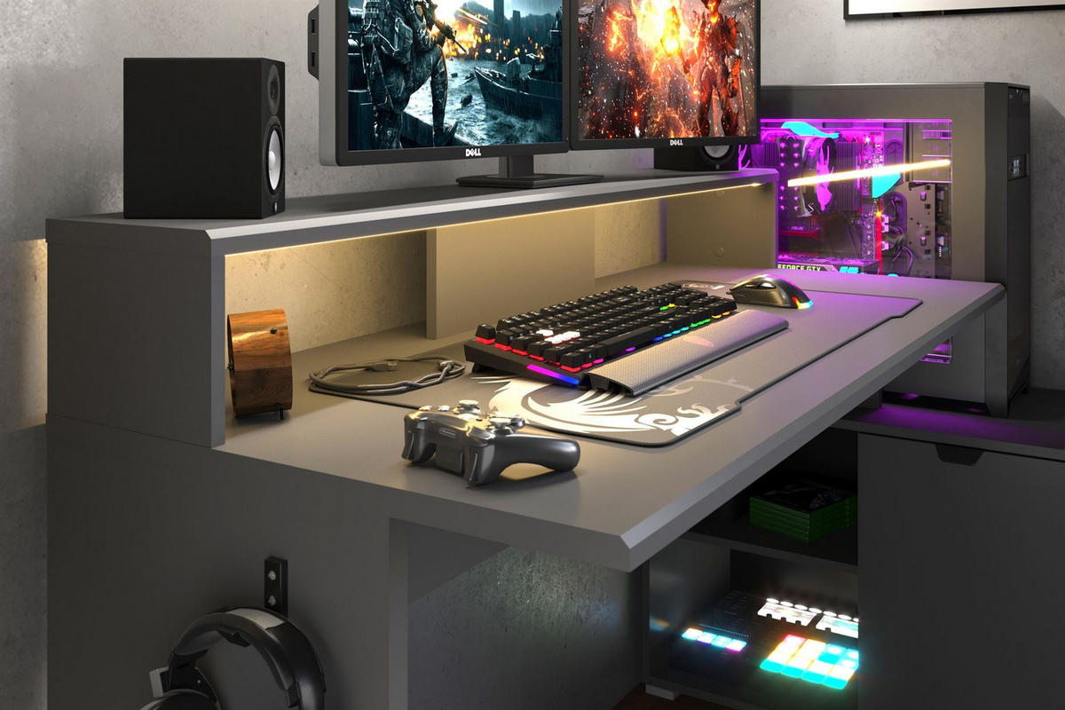 GAMING Schreibtisch Parisot Work 1-tlg. Holznachbildung Grau - Schwarz/Grau, Kunststoff (200/100/95cm) - 58aufmkessel