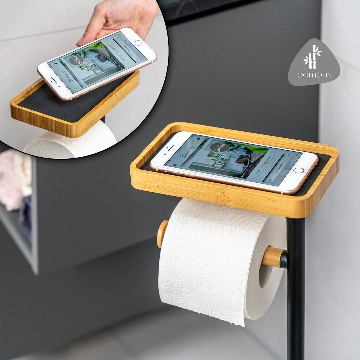 STAND-WC-GARNITUR 4in1, Bambus/Metall schwarz - Schwarz, Metall (30/68/20cm) - eluno