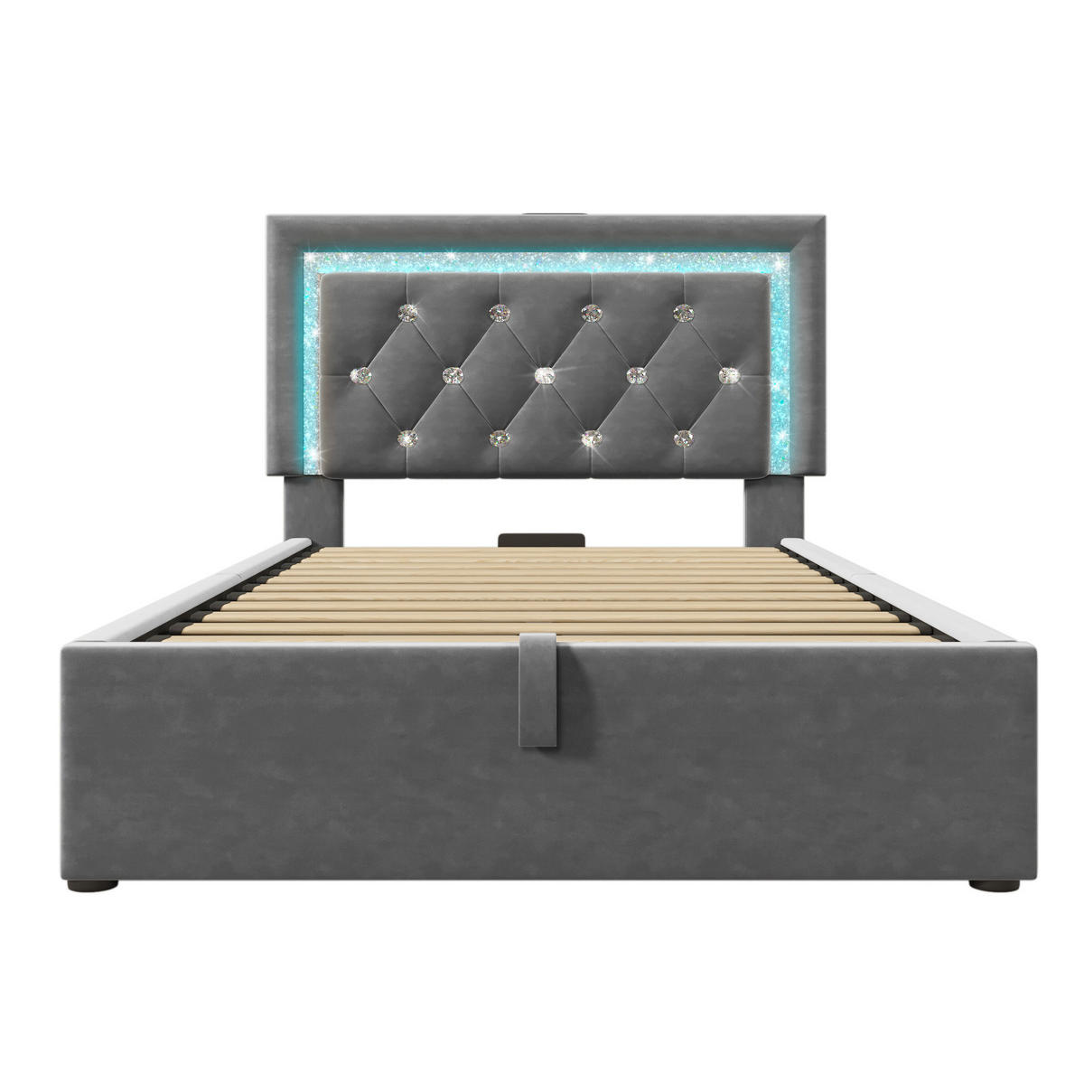 POLNJENA postelja iz žameta 90x200 cm siva z LED osvetlitvijo, USB in USB-C polnjenjem ter hidravličnim predalom - siva, tekstil (90/200cm) - Modfu