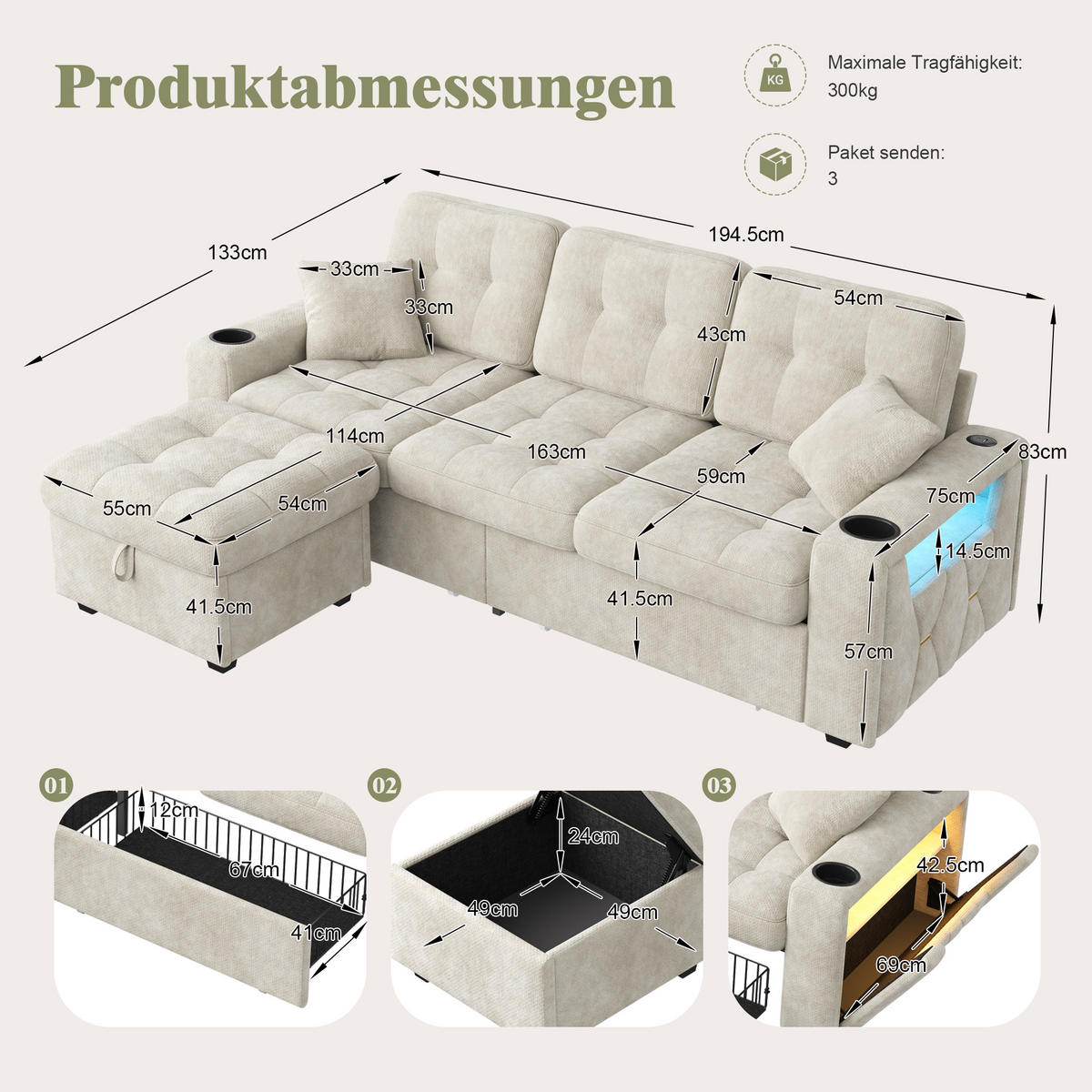 BIGSOFA mit Stauraum-Hocker, USB-C, LED, Becherhaltern und Schubladen aus Chenille - Beige, Textil (194.5/83/133cm) - EVRYAE