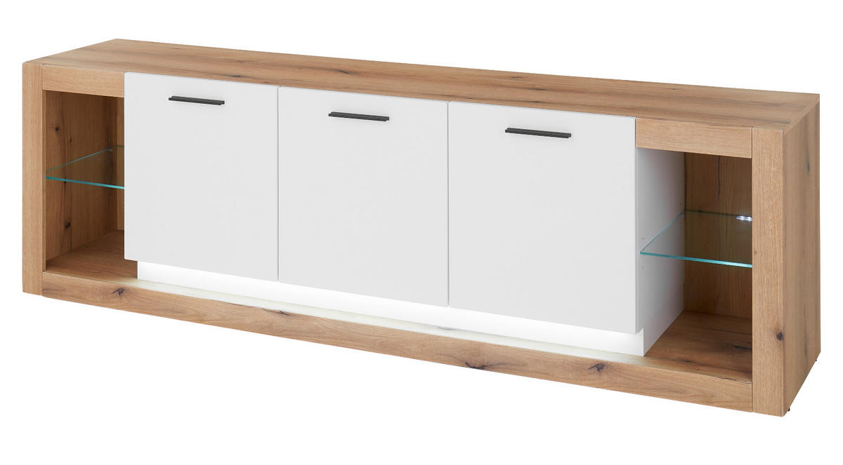 TV-LOWBOARD weiß matt, Evoke Eiche, TV Unterteil Komforthöhe XL-Board - Eichefarben/Silberfarben, Glas/Holzwerkstoff (198/61/43cm) - Furn.Design