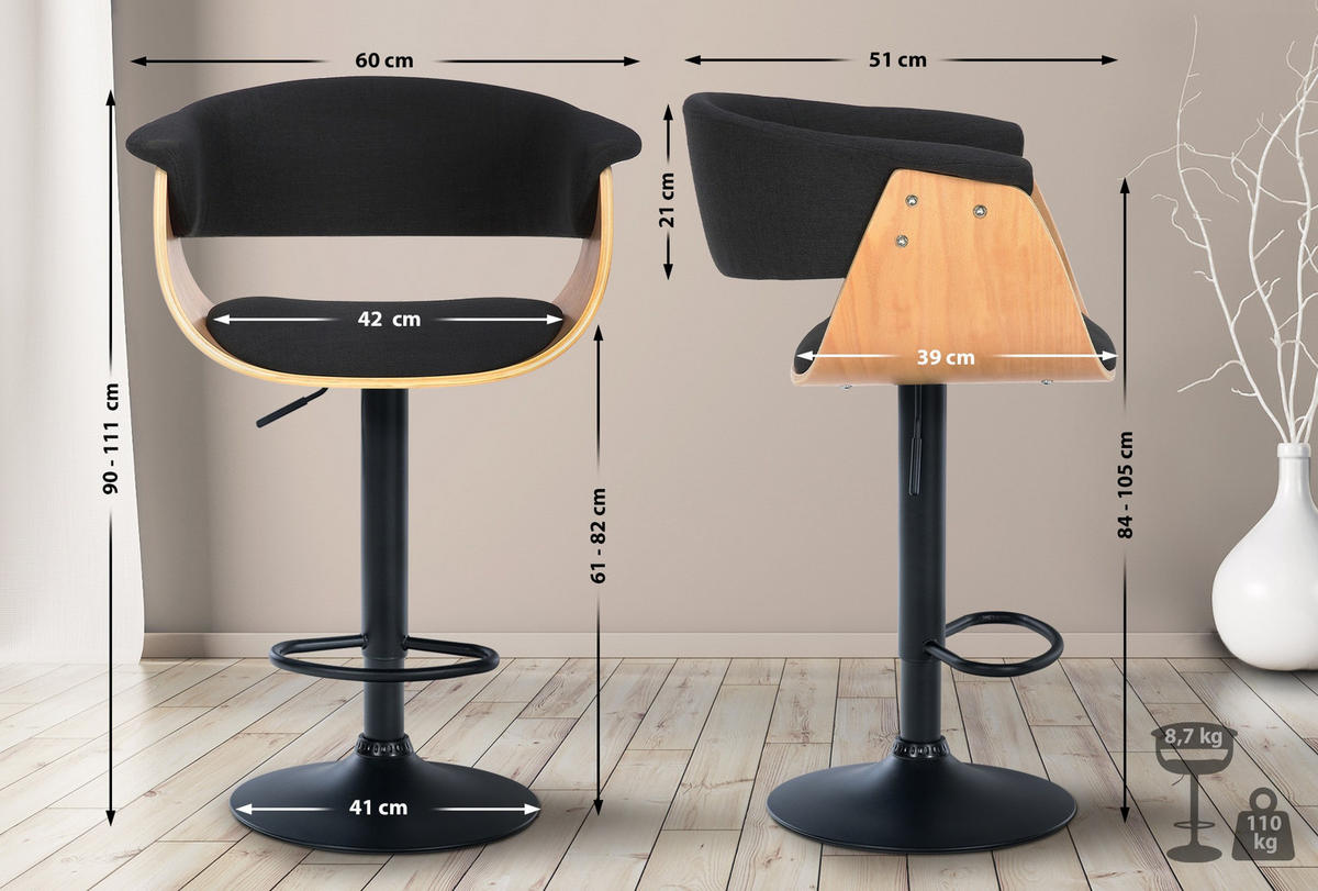 BARHOCKER 2er Set Stoff natura/schwarz - Eukalyptusholzfarben/Schwarz, Textil/Metall (60/90/51cm) - CLP