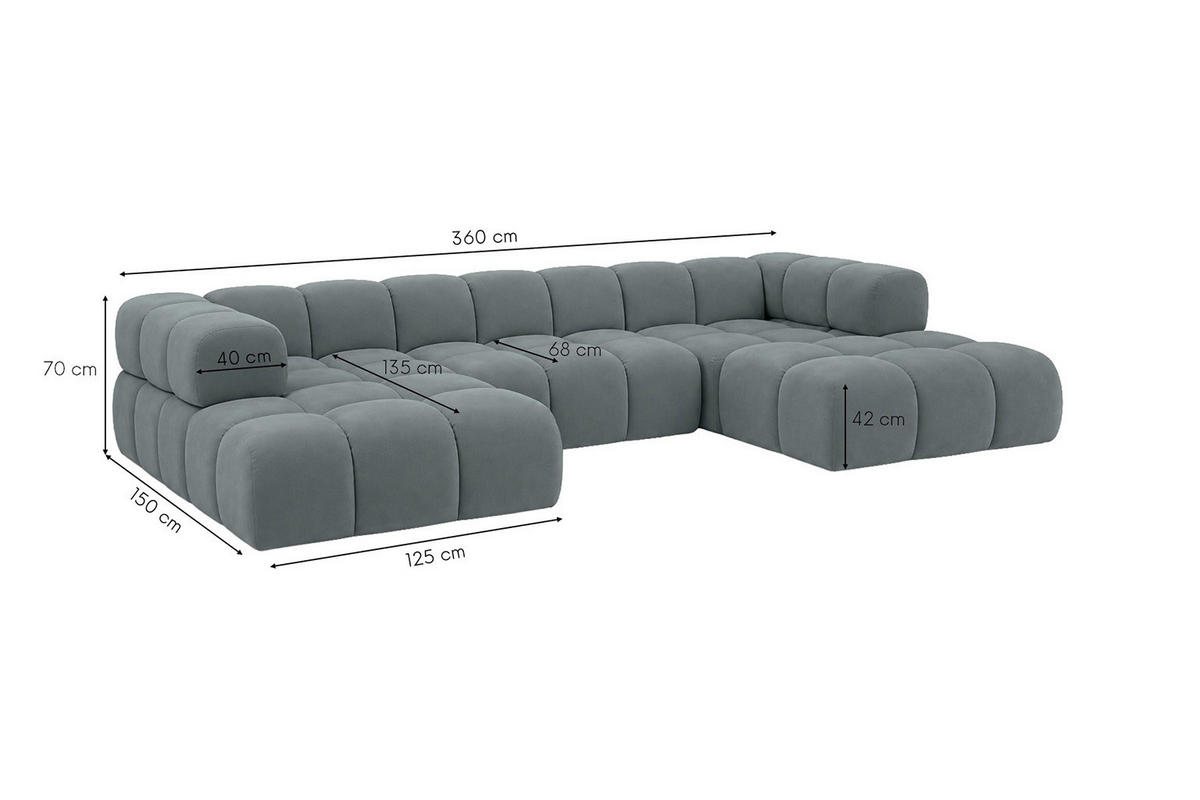 ROHOVÁ SEDAČKA ve tvaru U, velurová tkanina Bluvel, Modrošedá, Averro U - šedohnědá, dřevo (360/70/150cm) - Kaiser Möbel