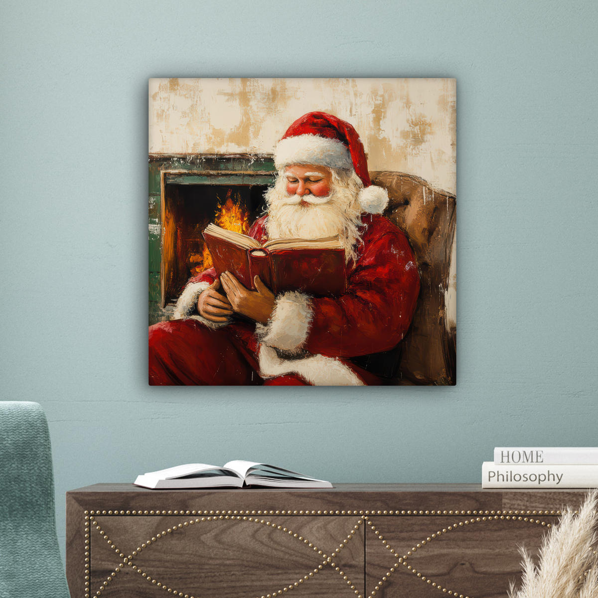 LEINWANDBILD Weihnachten - Weihnachtsmann - Winter - Open Fireside 50x50 cm - Dunkelrot, Textil (50/50cm) - MuchoWow