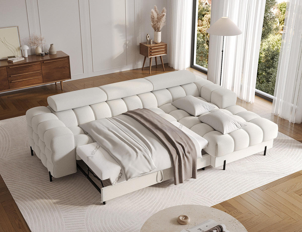 ECKSOFA FELRO mit Schlaffunktion, Bettkasten & verstellbaren Kopfstützen – Modernes Premium-Ecksofa in L-Form - Weiß, Kunststoff (181/285cm) - Wohnideebilder