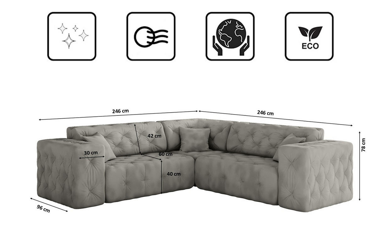 CORNER LUX, Gesteppt, Stoff Whisper, Silber - Silberfarben, Holz/Textil (246/246cm) - Kaiser Möbel