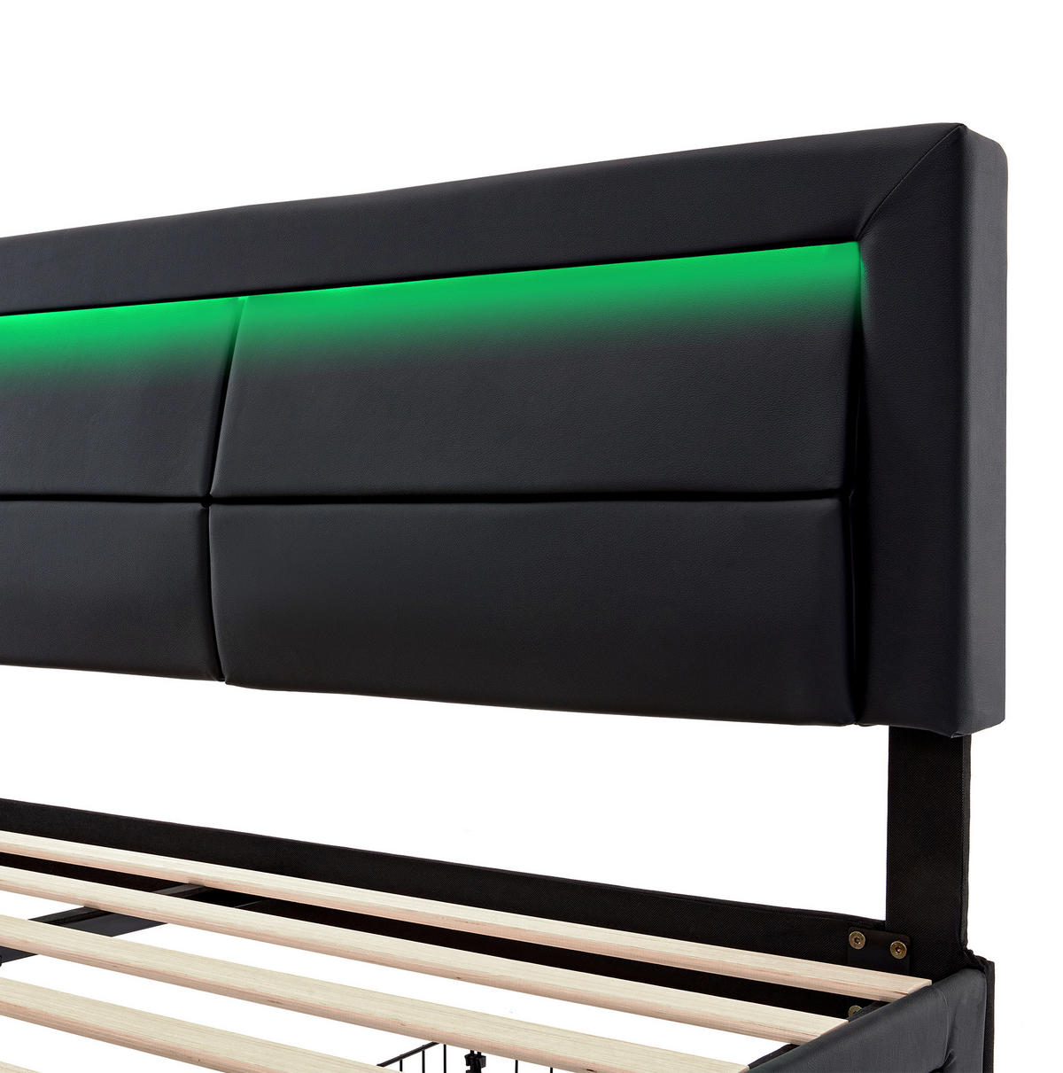 TAPECIRANI krevet od PU materijala 140x200 cm crni s LED rasvjetom, USB punjenjem i 4 ladice - crna, koža (140/200cm) - Modfu