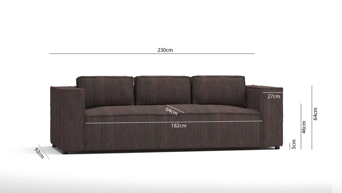3-SITZER-SOFA Nova Dunkelbraun Cord - Dunkelbraun/Schwarz, Holz/Kunststoff (230/64/92cm) - S-Style Möbel