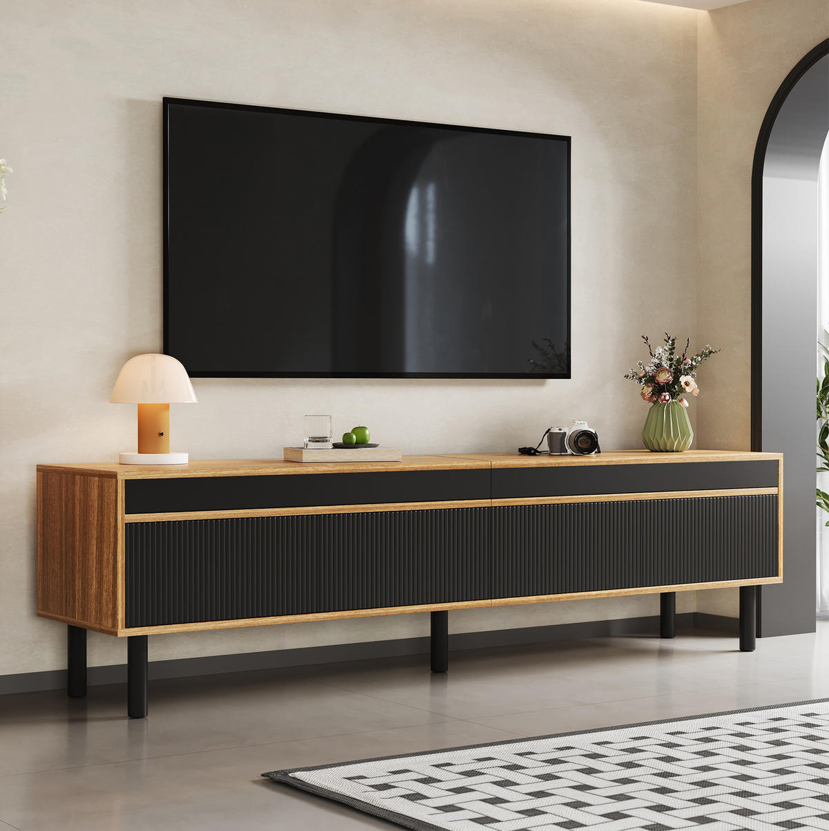 TV-SCHRANK 170/38/47 cm schwarz Spanplatte mit 4 Türen mit Streifendesign - Schwarz, Holzwerkstoff (170/47/38cm) - OKWISH