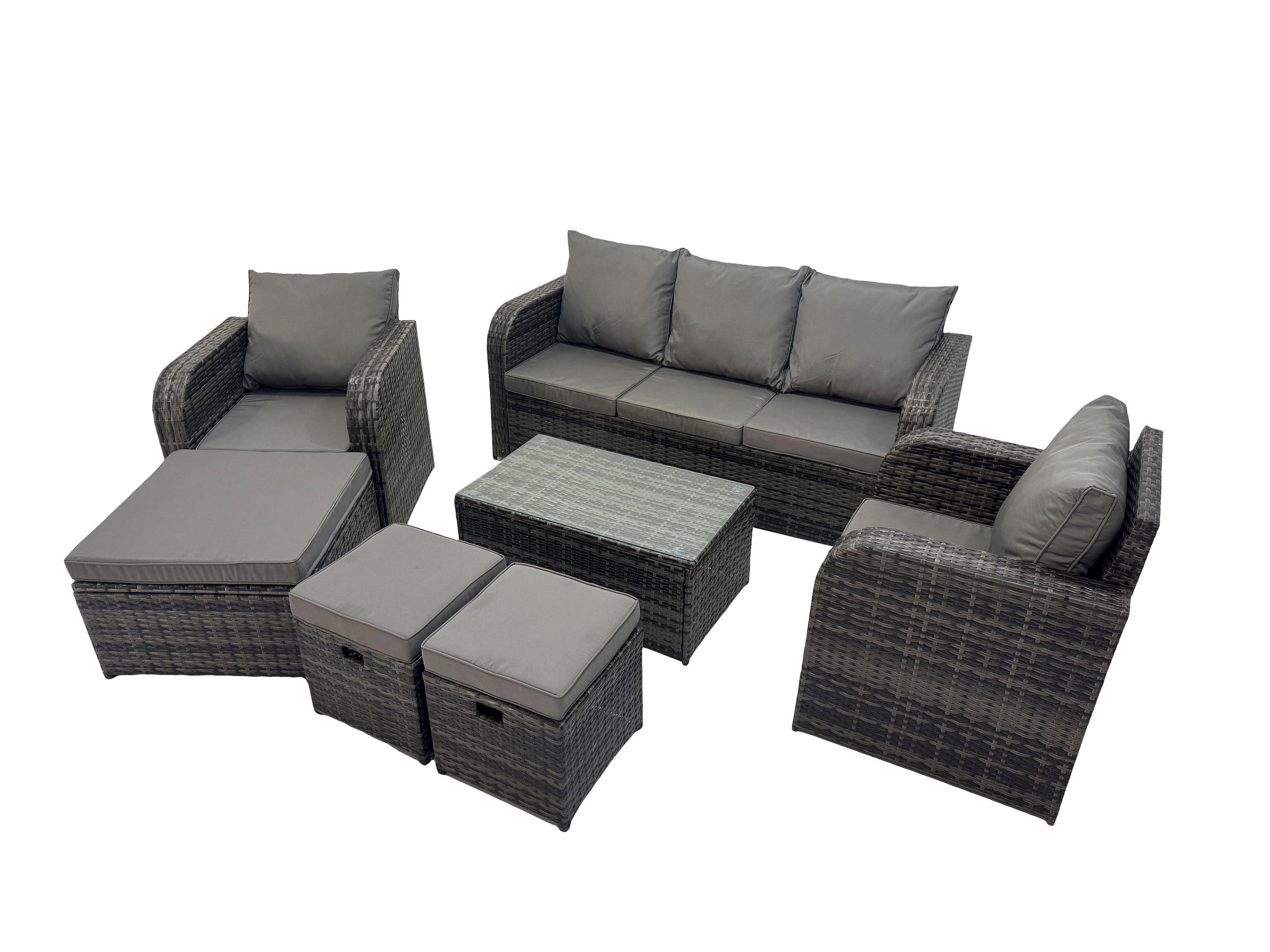 GARTENMÖBELSET mit Couchtisch Polyrattan 8-Sitzer - Dunkelgrau/Grau, Glas/Kunststoff - Fimous