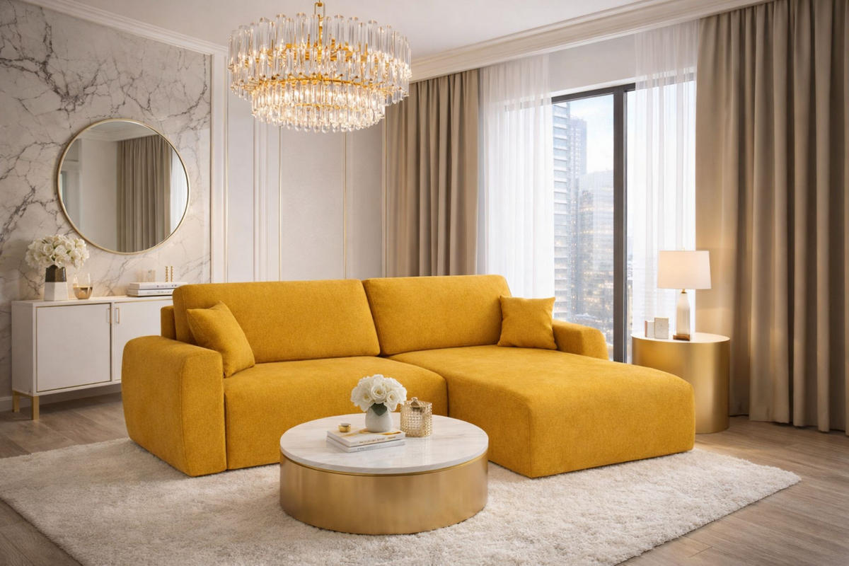 ECKSOFA Mit Schlaffunktion, Ariel XL, Velours, Stoff Salvador, Gelb, Rechts - Gelb, Holz (280/142cm) - Kaiser Möbel