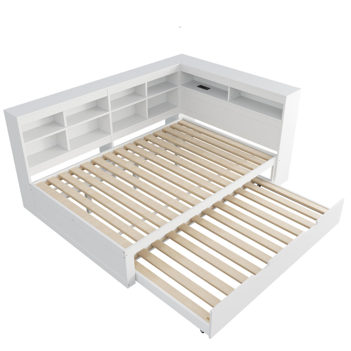 HOLZBETT 140/200 cm in Weiß mit Ausziehbett und USB-Anschluss - Weiß, Holz (140/200cm) - BEAOK