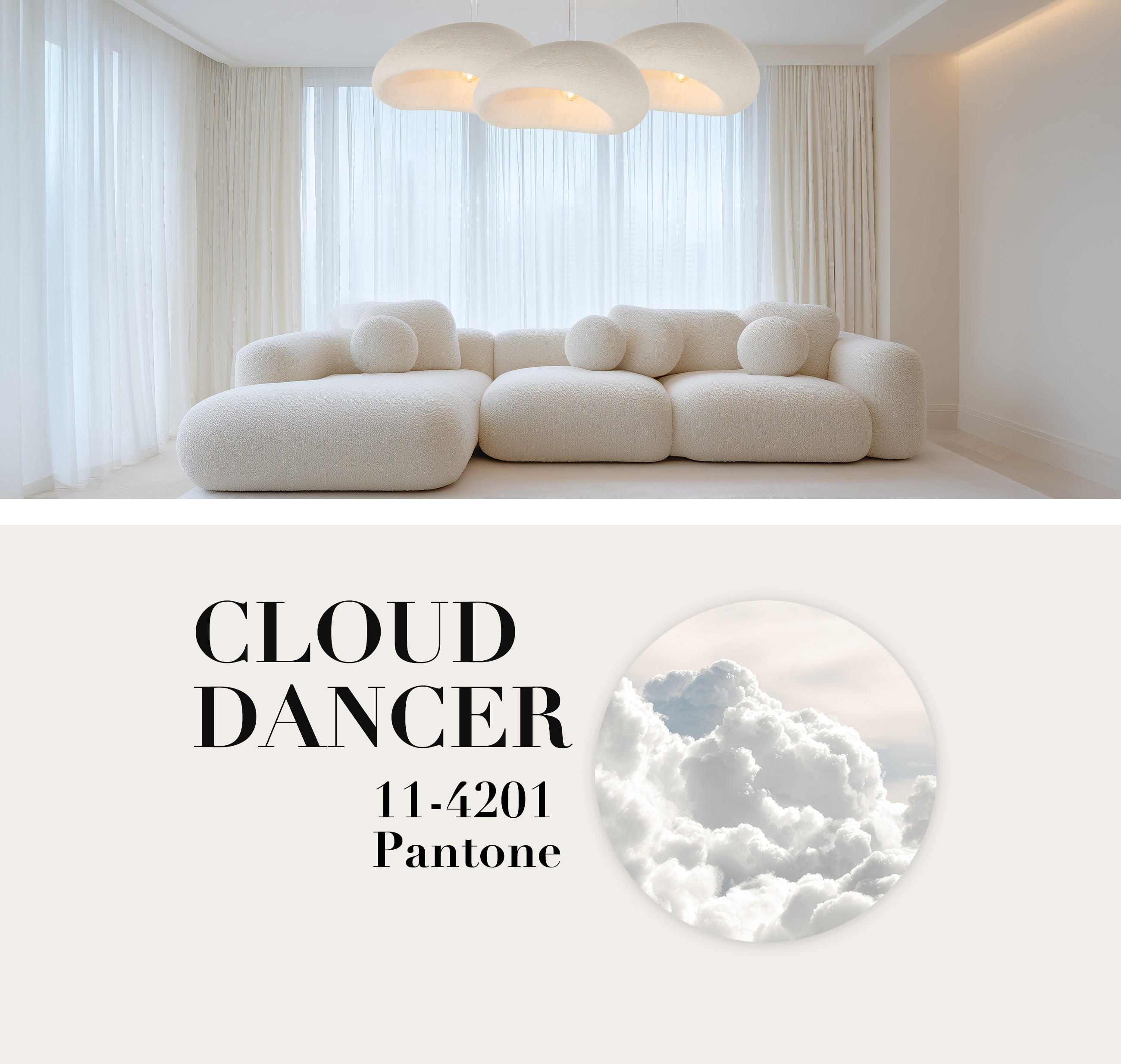 Gemütliches Wohnzimmer mit weißem, kuscheligem Sofa und Leuchten an der Decke - Cloud Dancer 11-4201 Pantone - Trendfarbe des Jahres 2026!