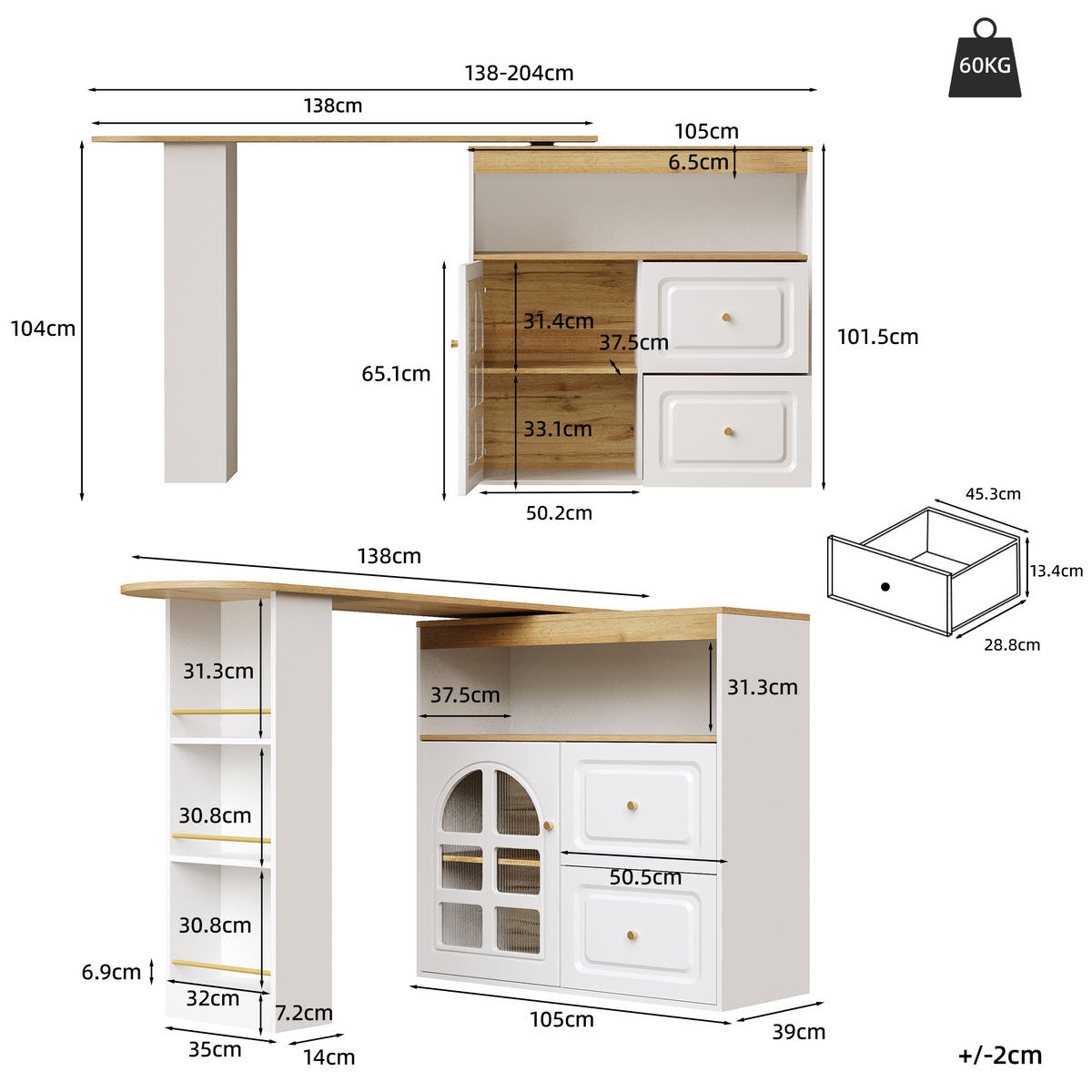 STEHTISCH 138-204x39x104cm Weiß mit Bogenglastür,Snackregal & Drehfunktion - Weiß, Holzwerkstoff (204/104/39cm) - Modfu