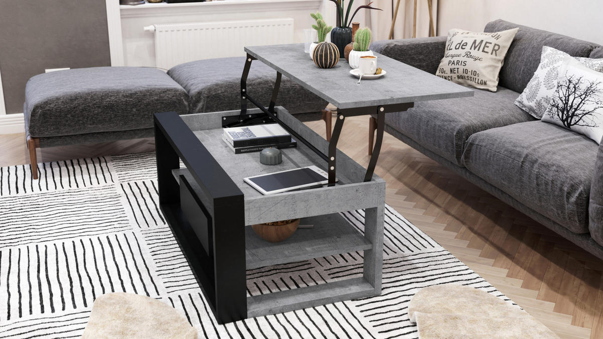 COUCHTISCH rechteckig Beton Schwarz aufklappbar - Hellgrau/Schwarz, Holzwerkstoff (60/110/45cm) - designimpex
