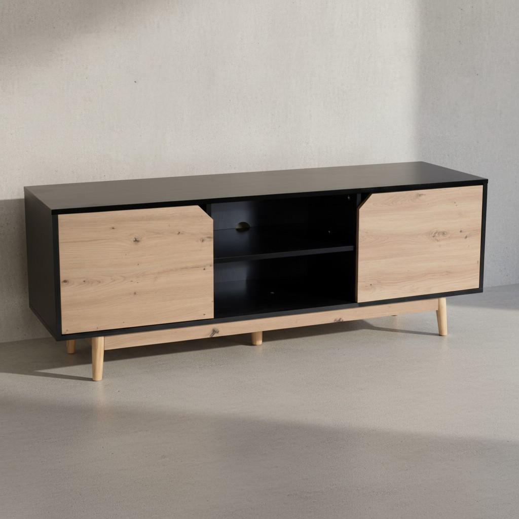 TV-LOWBOARD mit Eiche-Dekor, 2 Türen, modern, Schwarz-Beige 150x40x55 cm - Eichefarben/Schwarz, Holz (150/55/40cm) - KADIMA DESIGN