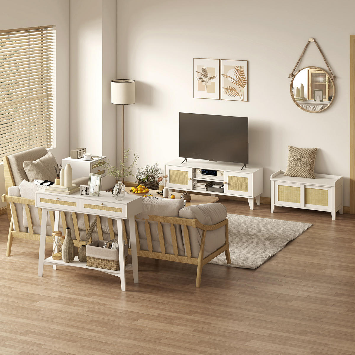 KONSOLENTISCH Weiß MDF Rattan 1 Stück - Weiß, Kunststoff (80/35/45cm) - GiPP