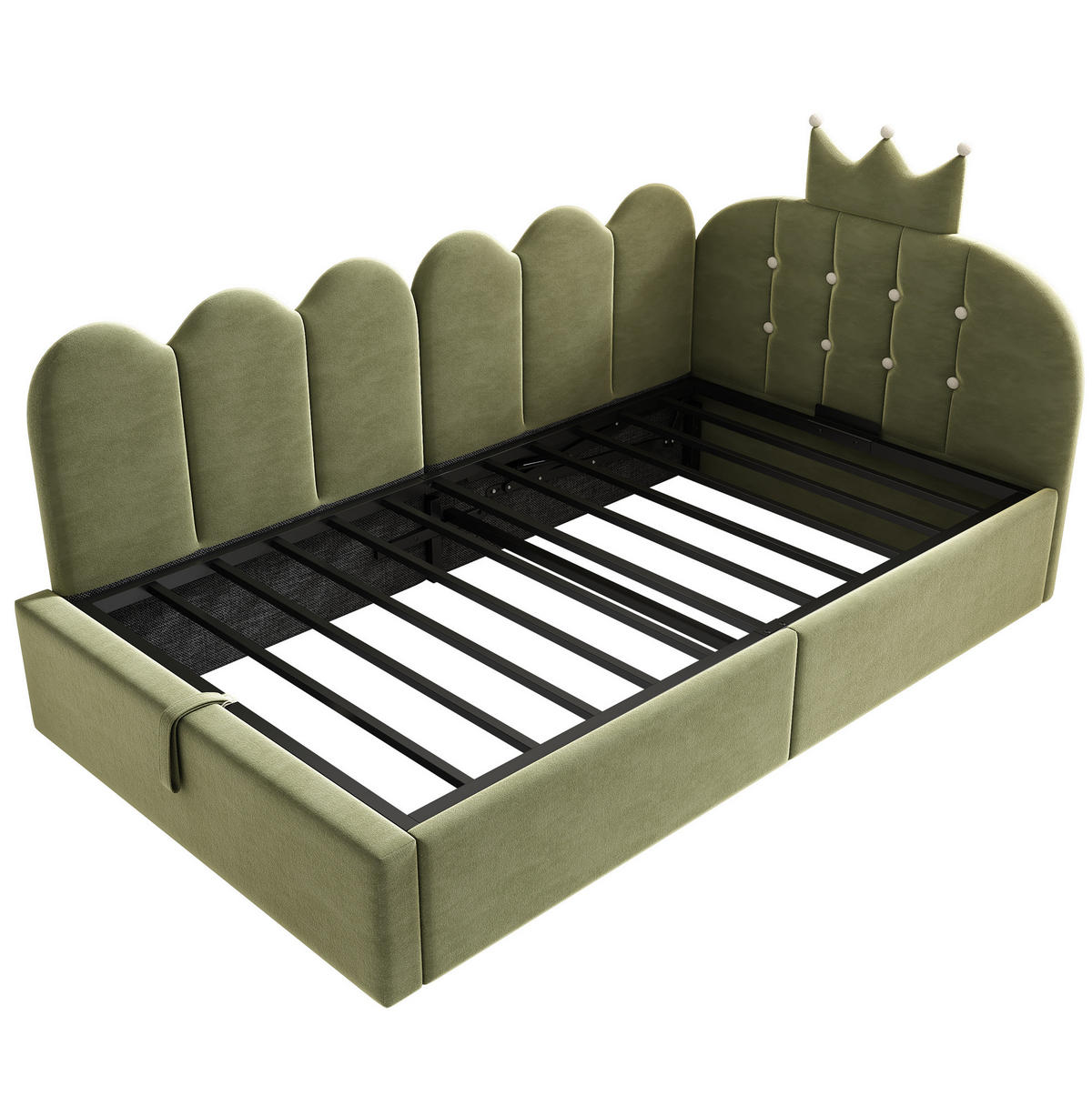 POLSTERBETT aus Samt 90x190 cm Grün mit hydraulischem Stauraum, L-Form und Kronen-Gitter-Design - Grün, Textil (90/190cm) - Modfu