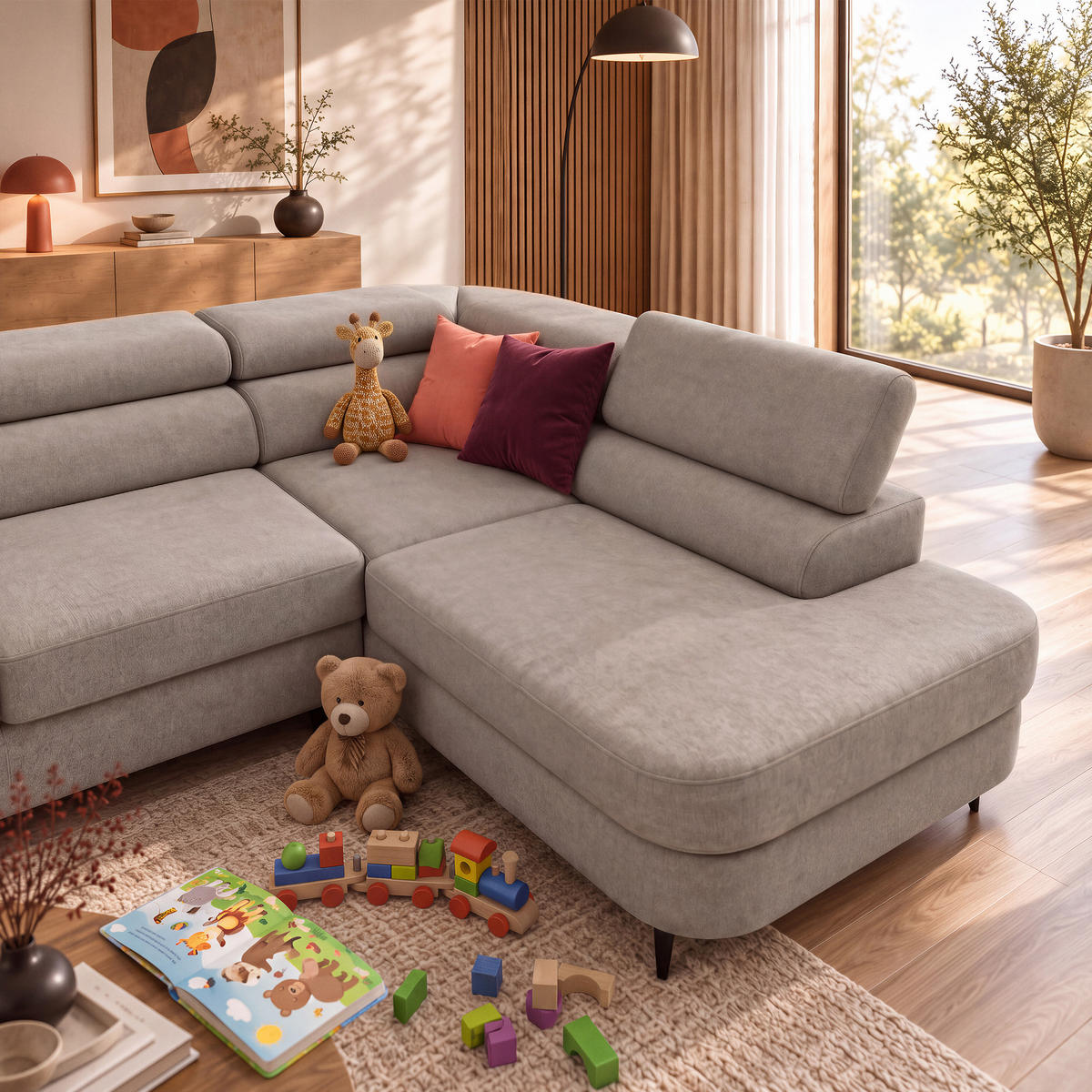 ECKSOFA U-Form PRIAM MAXI U Rechts mit Schlaffunktion 125x317 Velours Beige - Beige/Schwarz, Holz/Textil (400/91/203cm) - Muffo