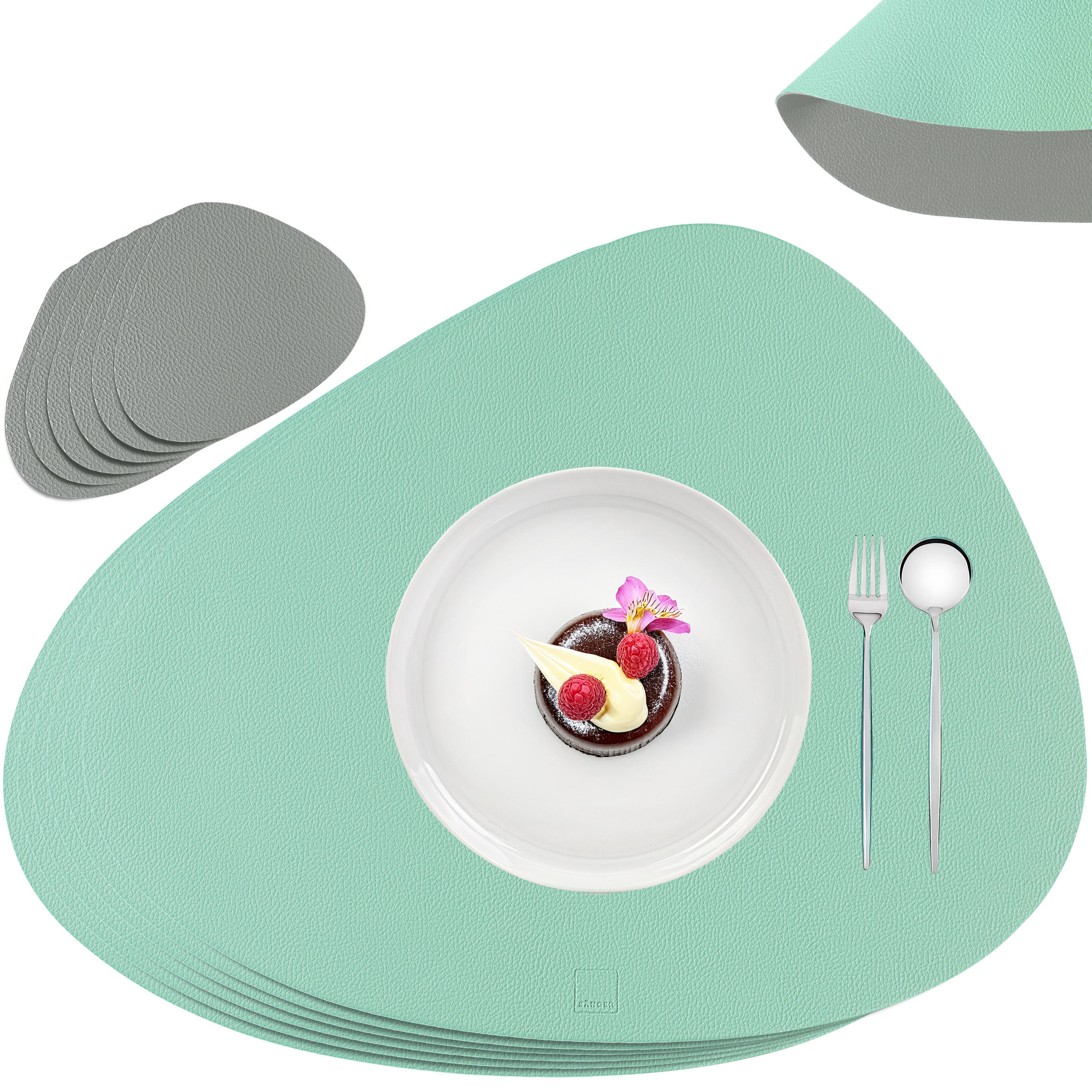 TISCHSET - Kunstleder - Doppelseitig - Grau/Mint - Organisch - 44x37cm - 12 Stück - Mintgrün, Kunststoff (44/37cm) - Sänger