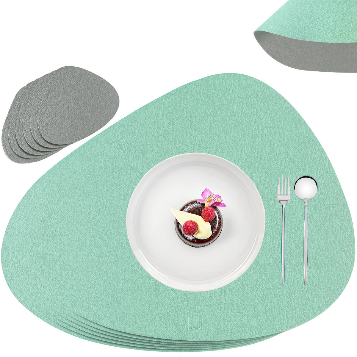 TISCHSET - Kunstleder - Doppelseitig - Grau/Mint - Organisch - 44x37cm - 12 Stück - Mintgrün, Kunststoff (44/37cm) - Sänger