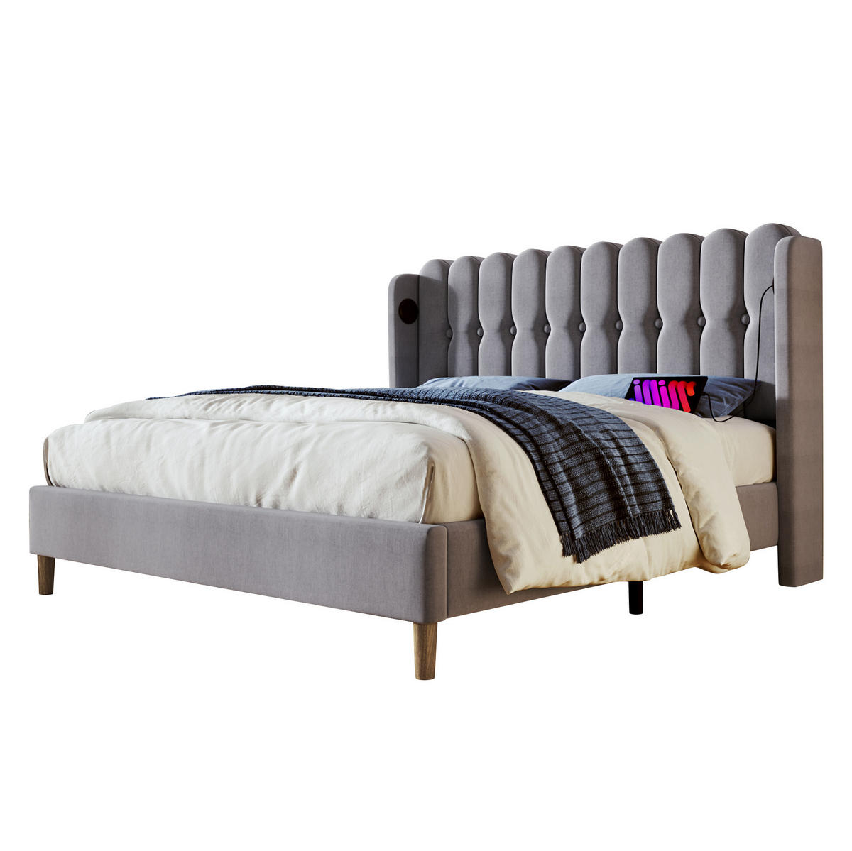 POLSTERBETT 160/200 cm mit USB- & Typ-C-Anschluss, Leinenbezug Grau, Lattenrost inkl., Grau - Grau, Textil (160/200cm) - Redom