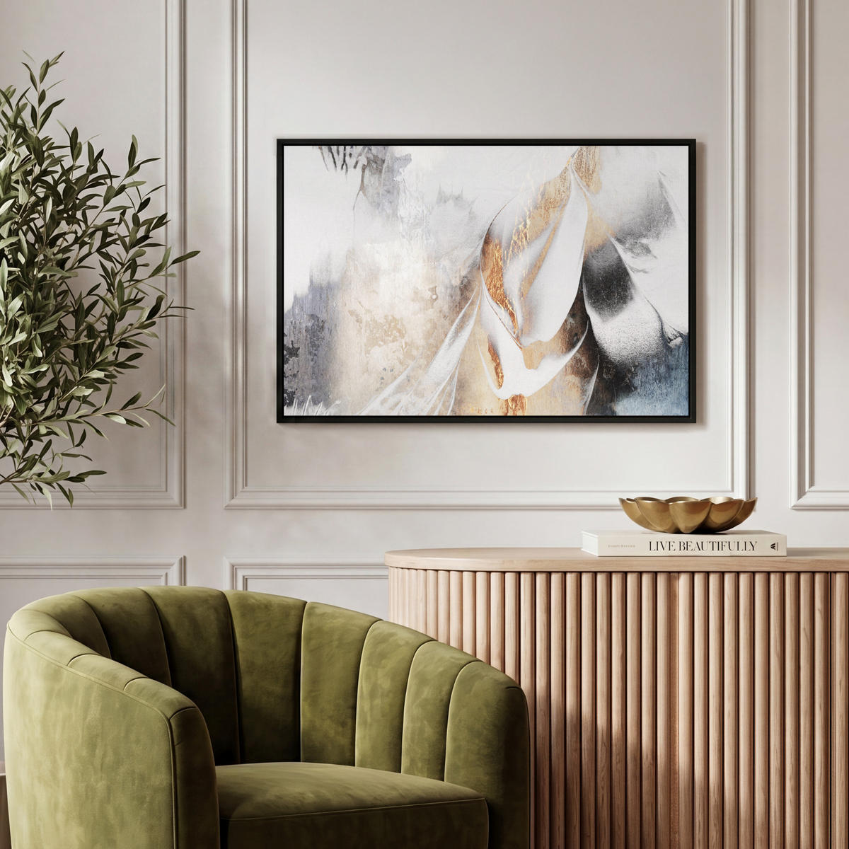 LEINWAND Bilder mit Rahmen - Luxus - Abstrakt - Gold - Weiß - 60x40 - Goldfarben, Textil (60/40cm) - MuchoWow
