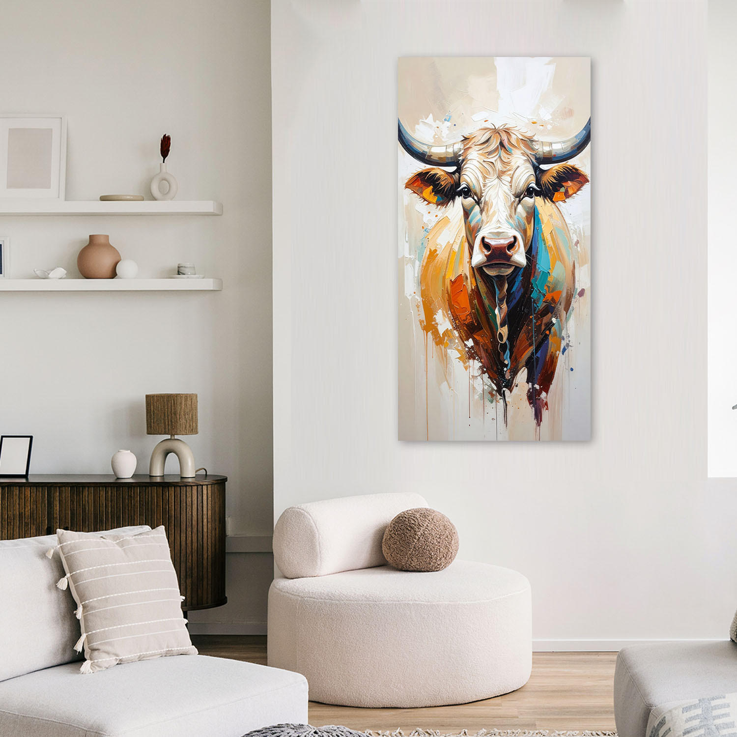 LEINWANDBILD Bunte Kuh-Imitation 50x100cm - Beige, Textil (50/100cm) - Feeby