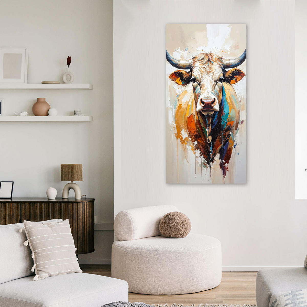 LEINWANDBILD Bunte Kuh-Imitation 50x100cm - Beige, Textil (50/100cm) - Feeby