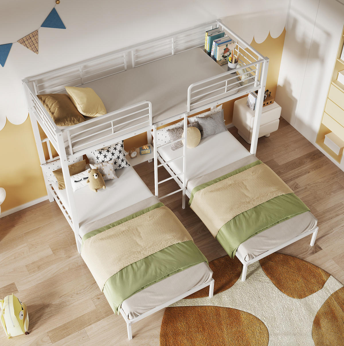 ETAGENBETT 90/200 cm für 3 Personen mit Leiter, Ablage und Tisch, Weiß - Weiß, Metall (90/200cm) - Redom