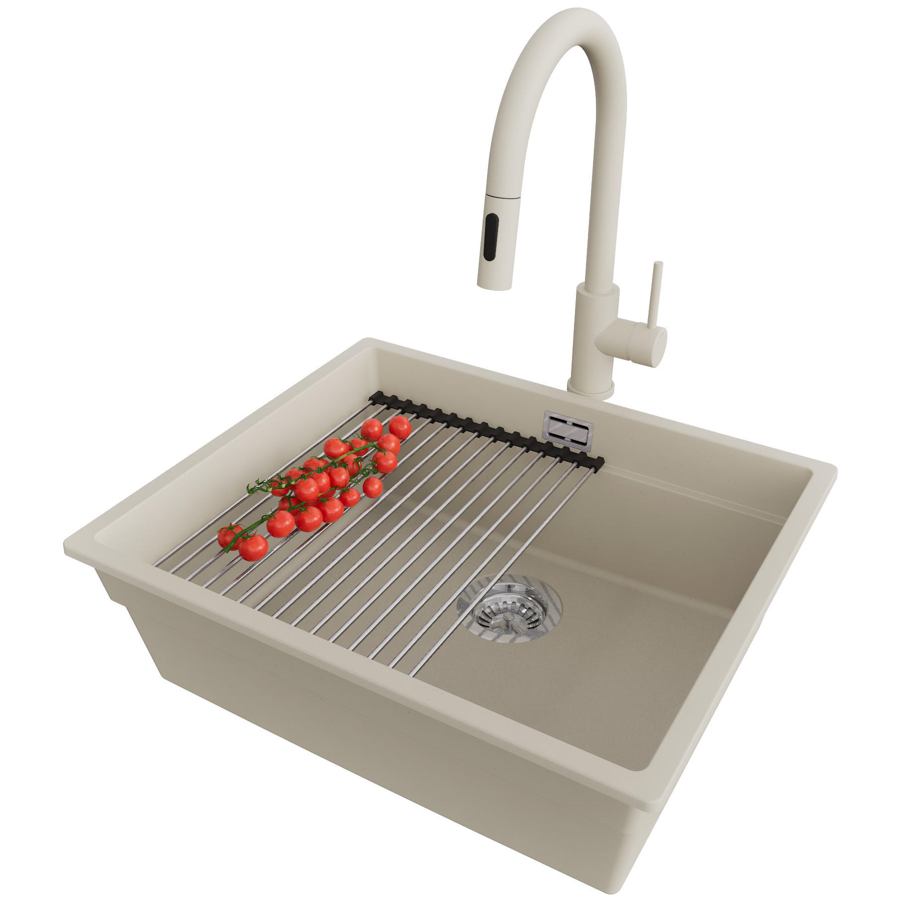 UNTERBAUSPÜLE GRANIT Praga, 2-er set Beige 56/47 cm 1 Becken + Küchenarmatur 40/20 cm + Ablauf-Set + Aufrollbare Abtropffläche ab 60er Unterschrank - Chromfarben/Beige, Kunststoff (56/20/47cm) - Primagran