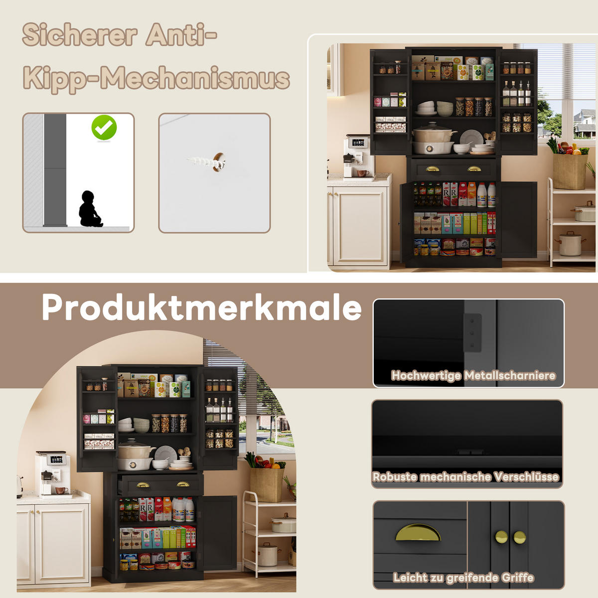 GESCHIRRSCHRANK 80/40/182 cm Schwarz mit 4 Türen, 1 Schublade und 6 Staufächer - Schwarz, Holz (80/182/40cm) - Oxeza