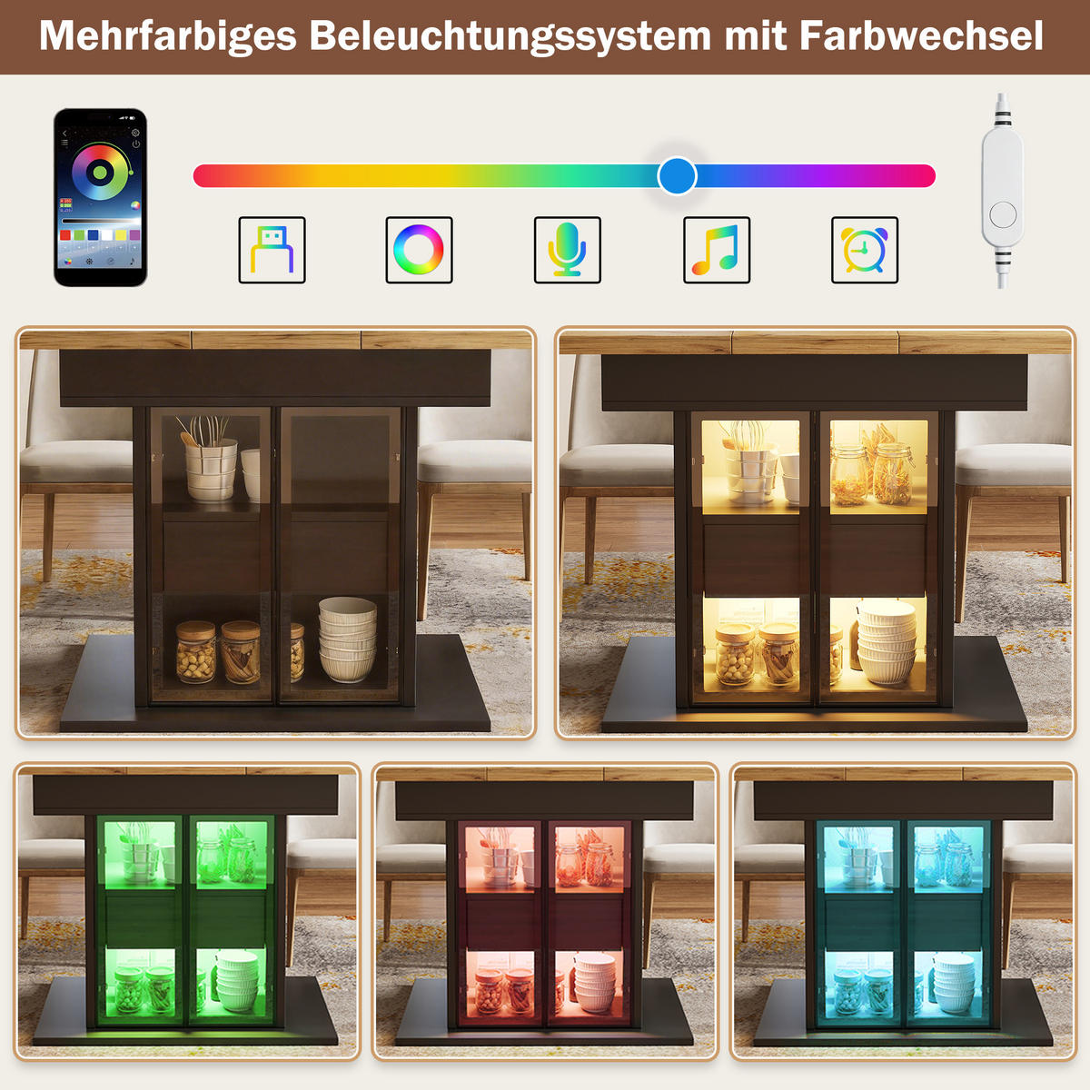 ESSTISCH Ausziehbar RGB LED Stauraum Glas Türen Schwarz - Schwarz, Metall (80/110/77.9cm) - FLIEKS