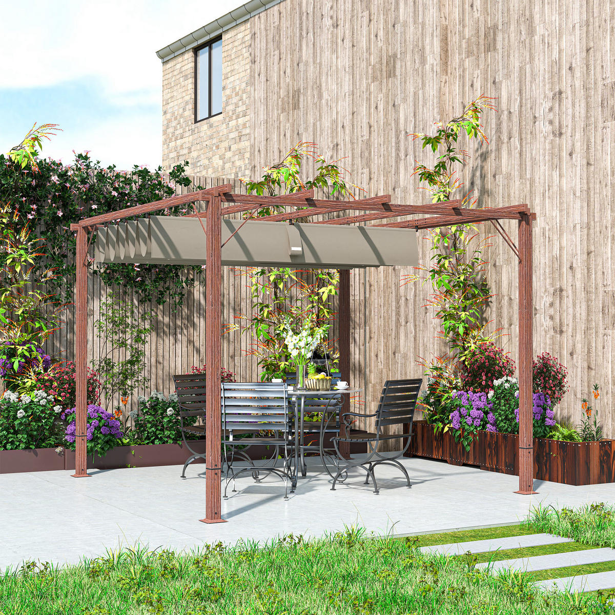 PERGOLA ca. 3x3m Naturholz - Naturfarben, Metall (296/232/299cm) - Outsunny