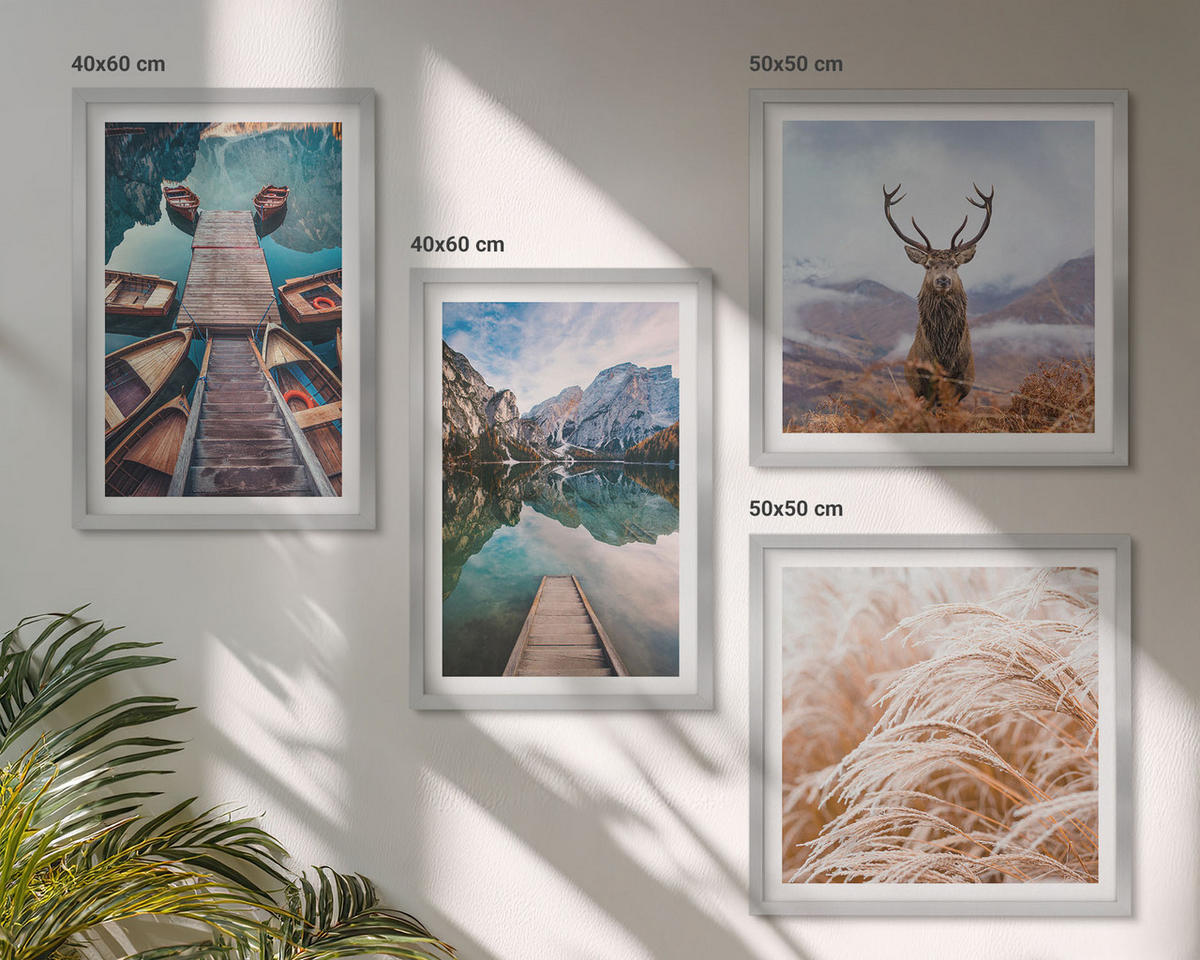 WANDBILDER 4er Set - 50x50 cm & 40x60 cm Silberner Rahmen - Seeboote Hirsche Berge - Silberfarben, Kunststoff (50/50cm) - ArtPrintCave