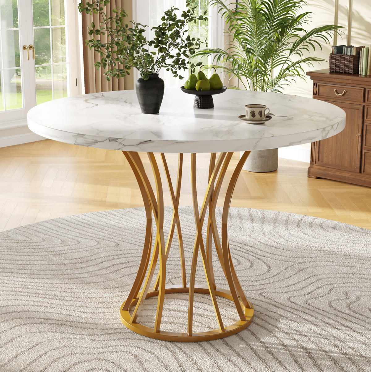 JEDÁLENSKÝ stôl 80/80/76 cm, MDF doska s mramorovým dekorom, zlatý - biela, kompozitné drevo (80/80/76cm) - BEAOK