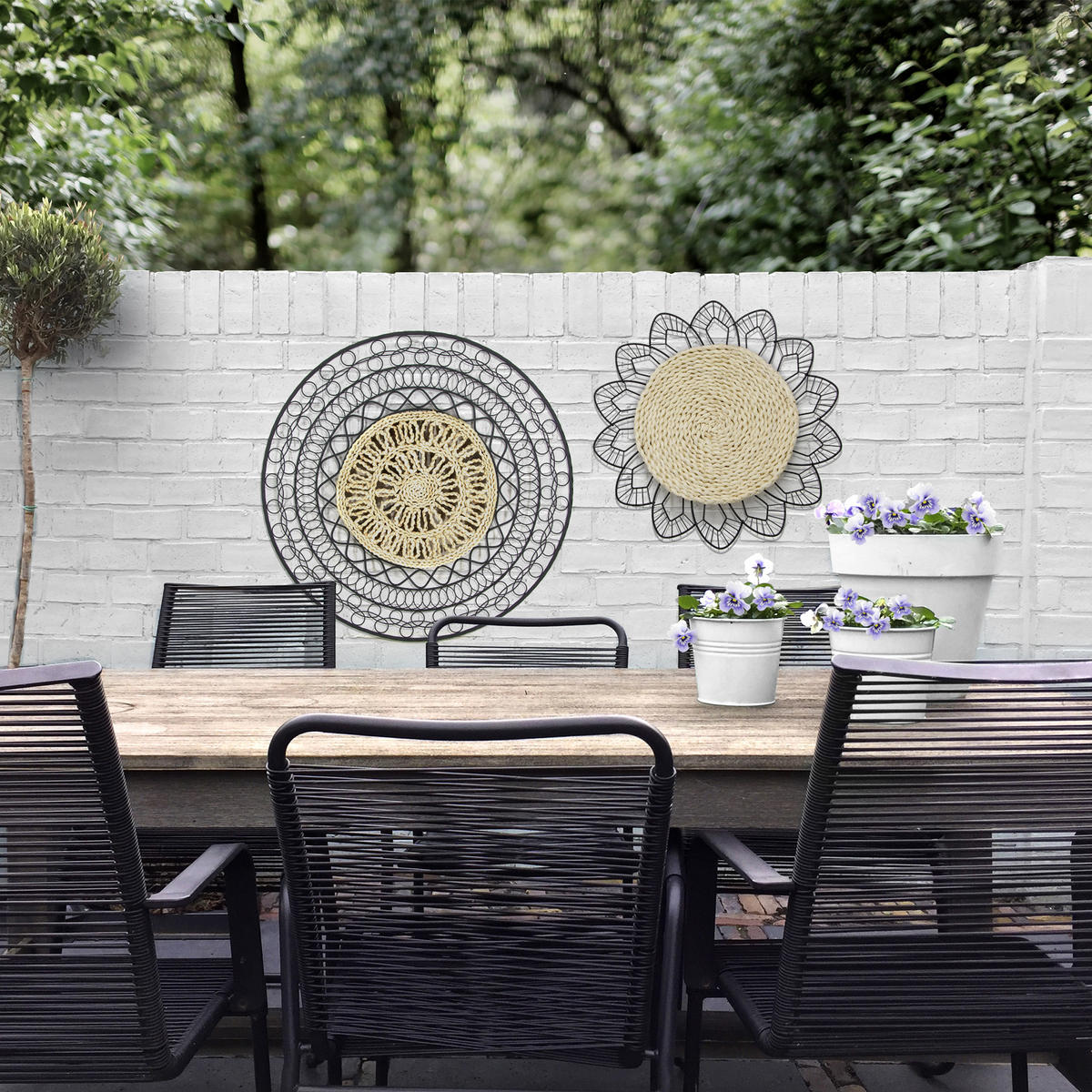 METALLKUNST - Blume mit Rattan - Schwarz/Braun, Metall (47/47/47cm) - Art for the Home