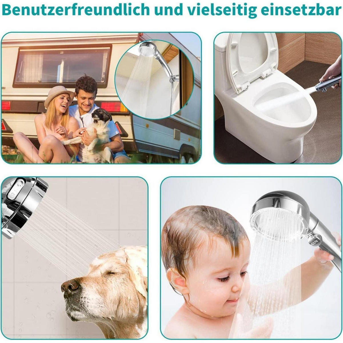 DUSCHKOPF Set mit Wassersparfunktion und 3 Strahlarten - Silberfarben, Metall (8/12.7/24cm)