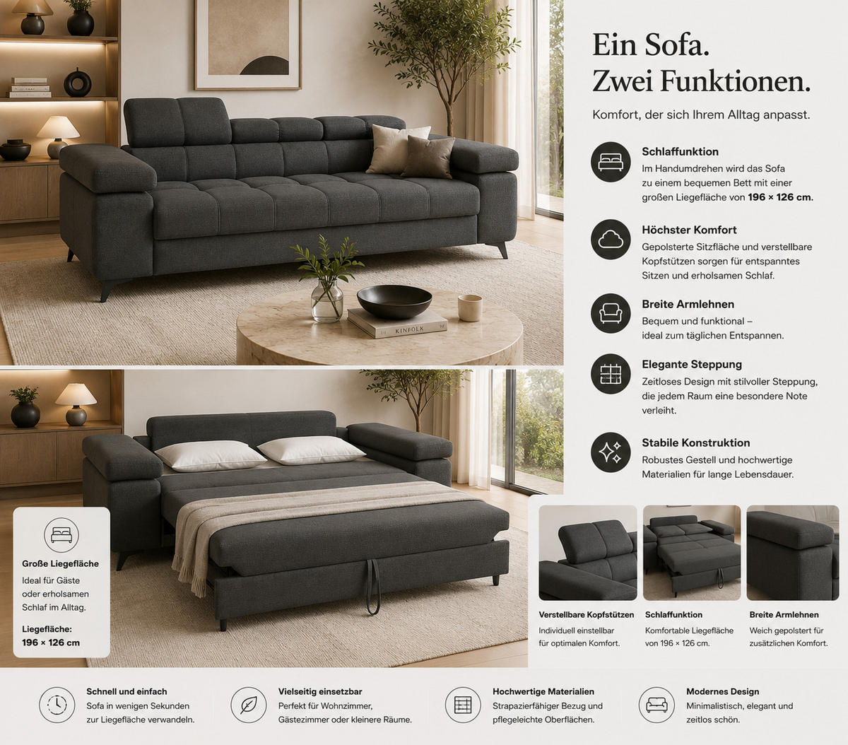 SCHLAFSOFA FJORD, 3-sitzer, verstellbarer Kopfstütze, Schlaffunktion, anthrazit - Anthrazit, Textil (260/90/97cm) - KS Home Concept