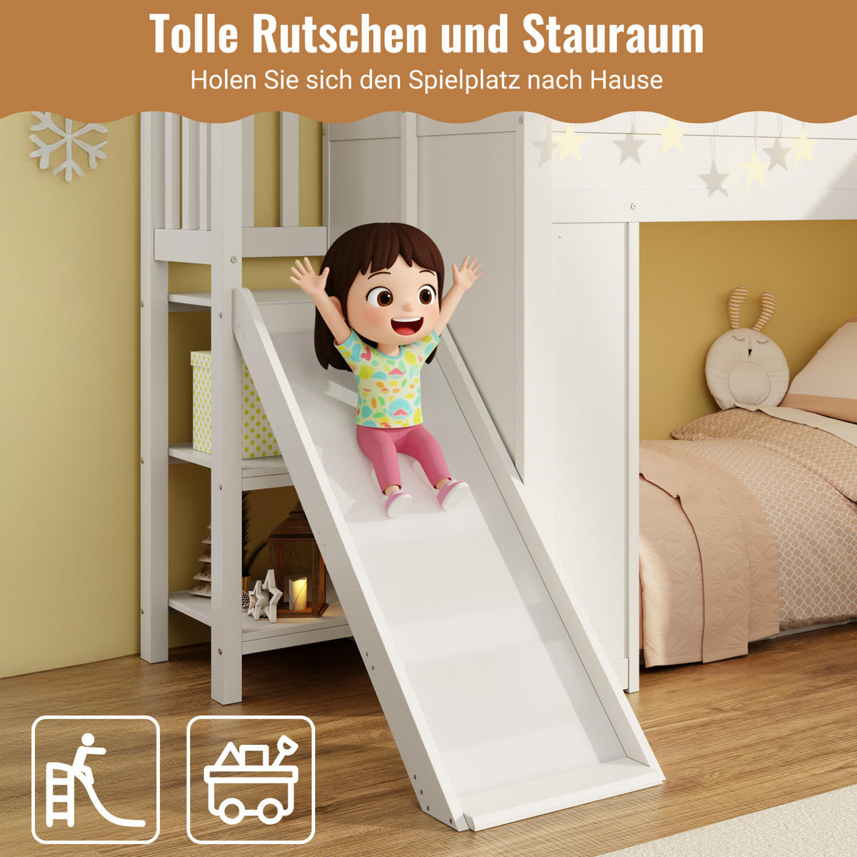 VISOKA postelja 90/200 cm bela z drsnikom, stopnicami za shranjevanje in LED-osvetlitvijo iz borovine in MDF - bela, leseni material (90/200cm) - OKWISH