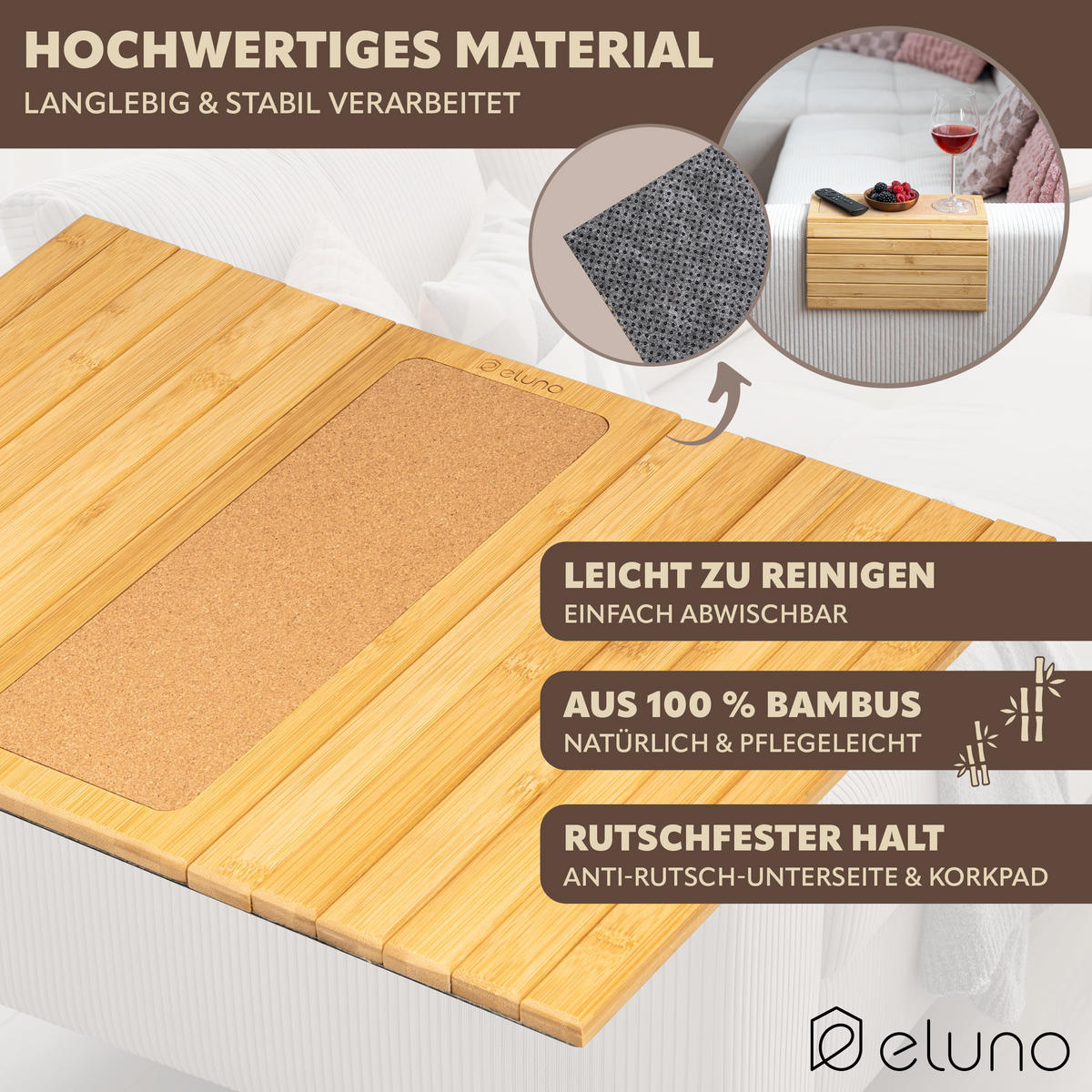 ARMLEHNEN-SOFATABLETT mit rutschfester Korkablage, Bambus - Braun, Naturmaterialien (47/1/34cm) - eluno