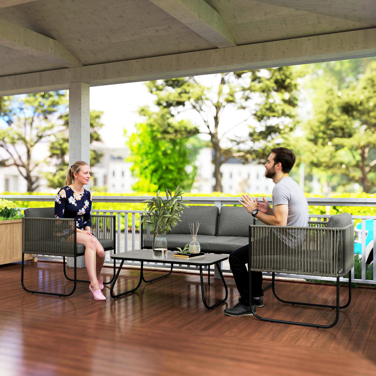 GARTENMÖBEL LOUNGE-SET DE-06742 4-teilig mit Sofa, Sessel & Tisch - Dunkelgrau, Kunststoff/Metall - ComfortXL