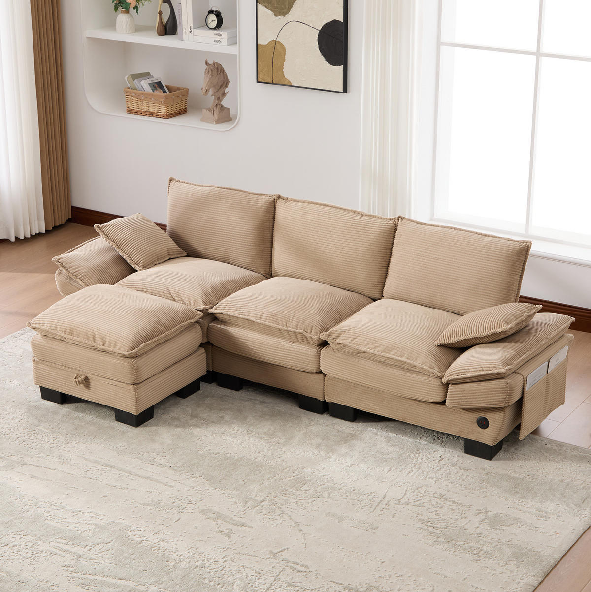 ECKSOFA 260/132/84 cm khaki aus Cord mit Hocker - Sandfarben, Textil (132/260cm) - OKWISH