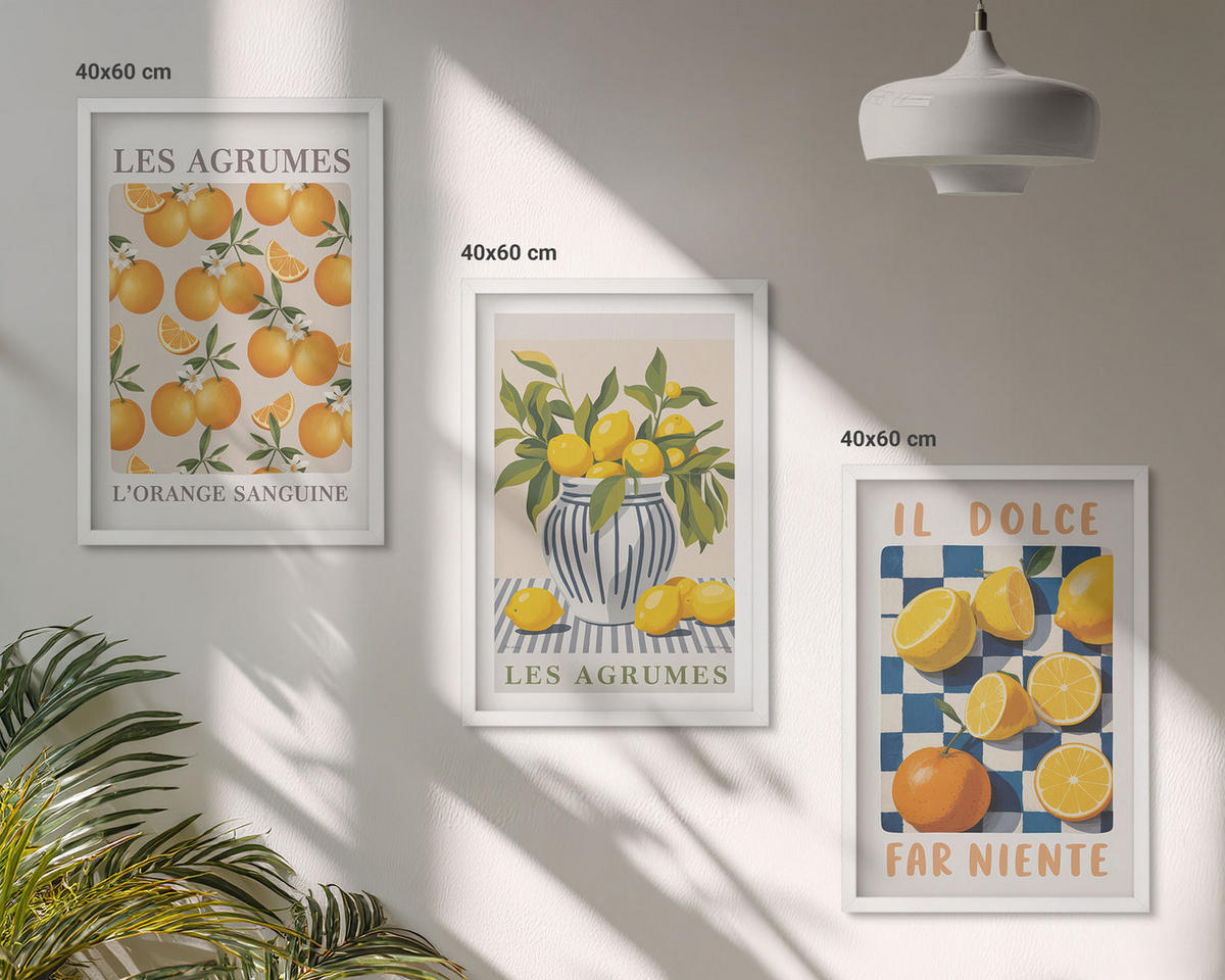 WANDBILDER 3er-Set - 40x60 cm Weißer Rahmen - Retro gelbe Zitrusfrüchte - Weiß, Kunststoff (40/60cm) - ArtPrintCave